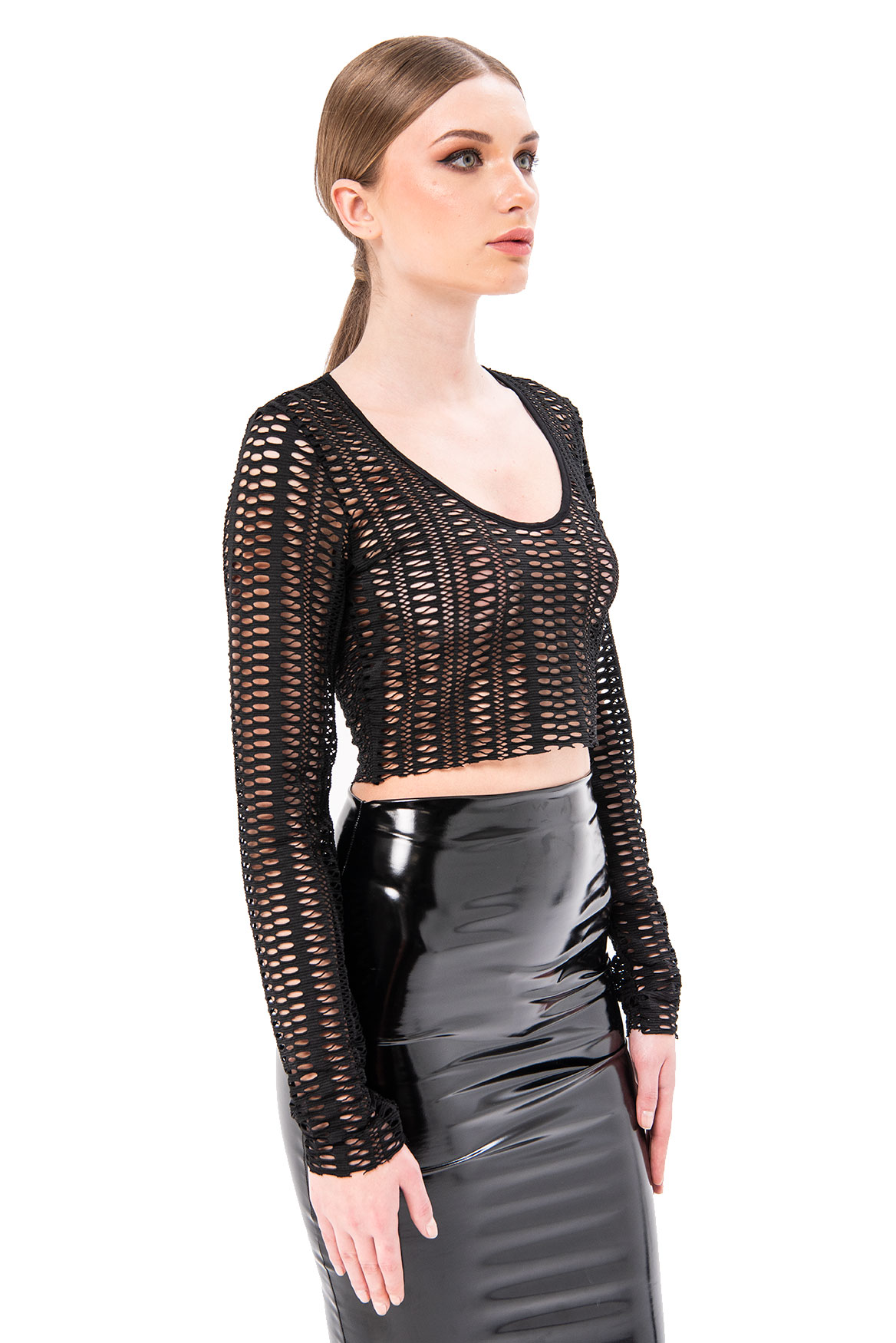 Sheer Black Netted Long Sleeve Crop Top