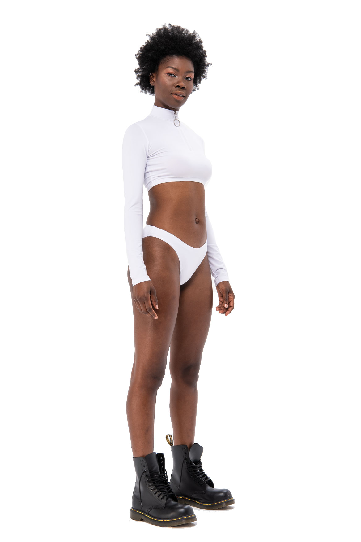 White High Neck Long Sleeve Crop Top & Cheeky Bottoms Set