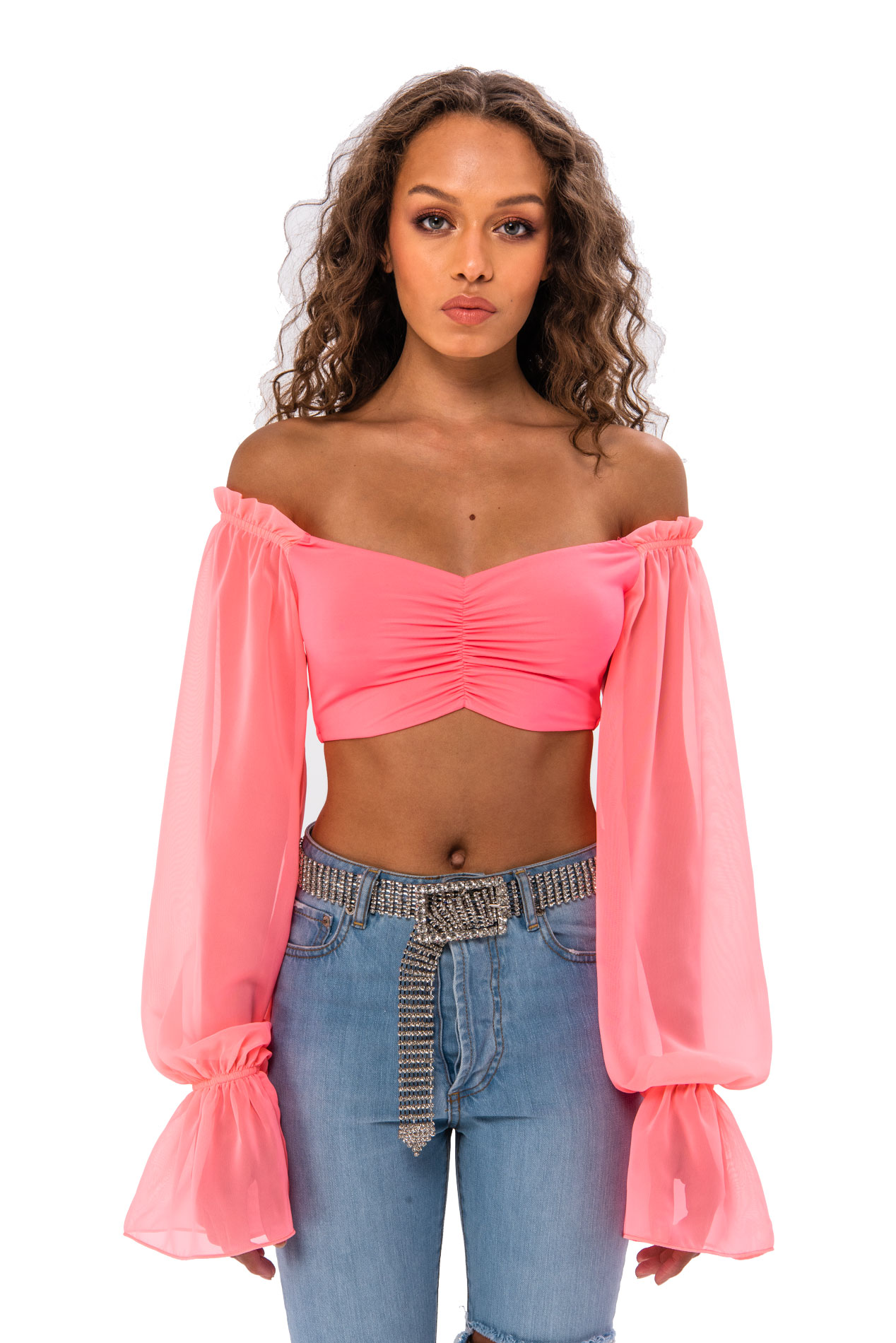 Long Sleeve Tulle Detail Neon Pink Strapless Blouse