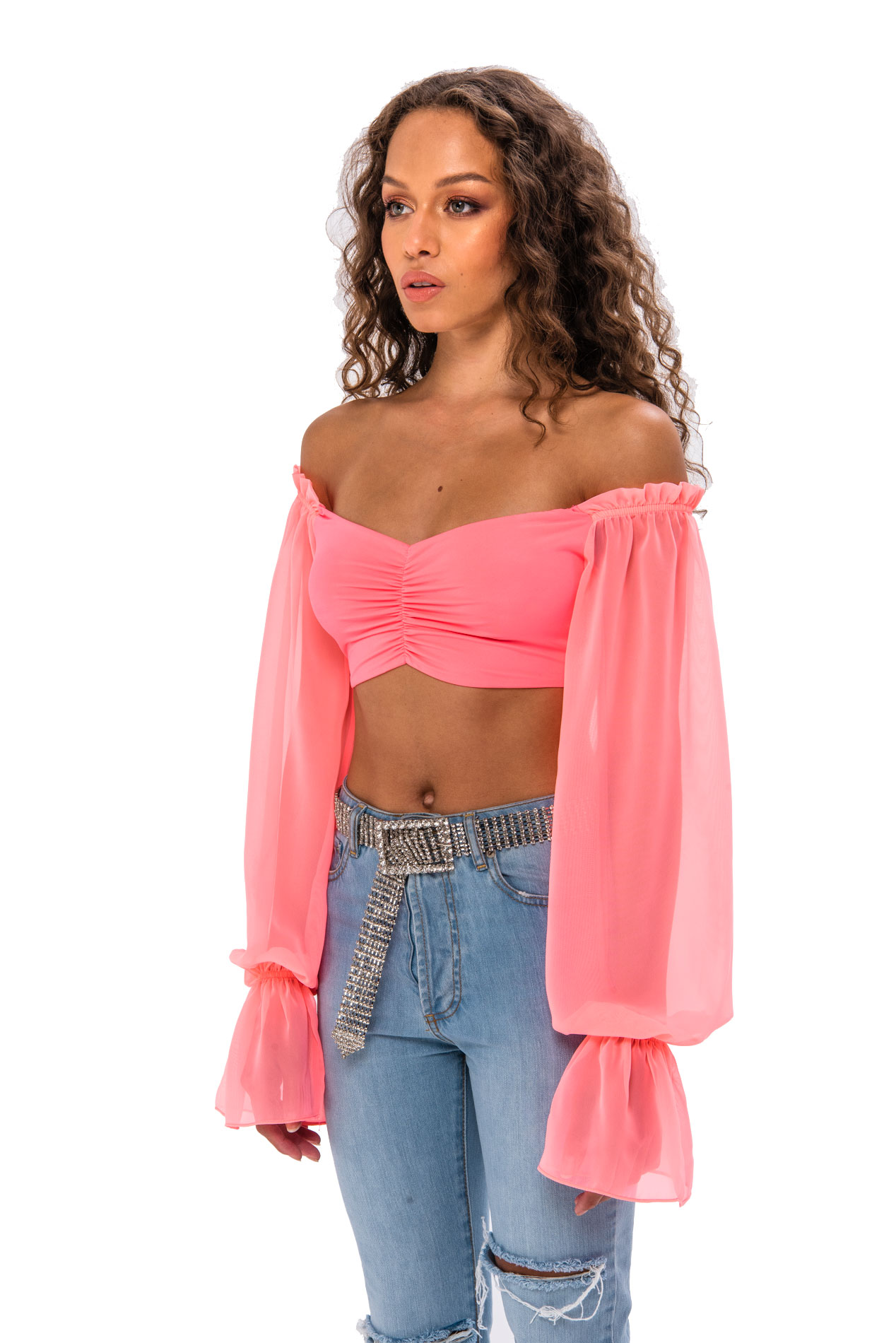 Long Sleeve Tulle Detail Neon Pink Strapless Blouse