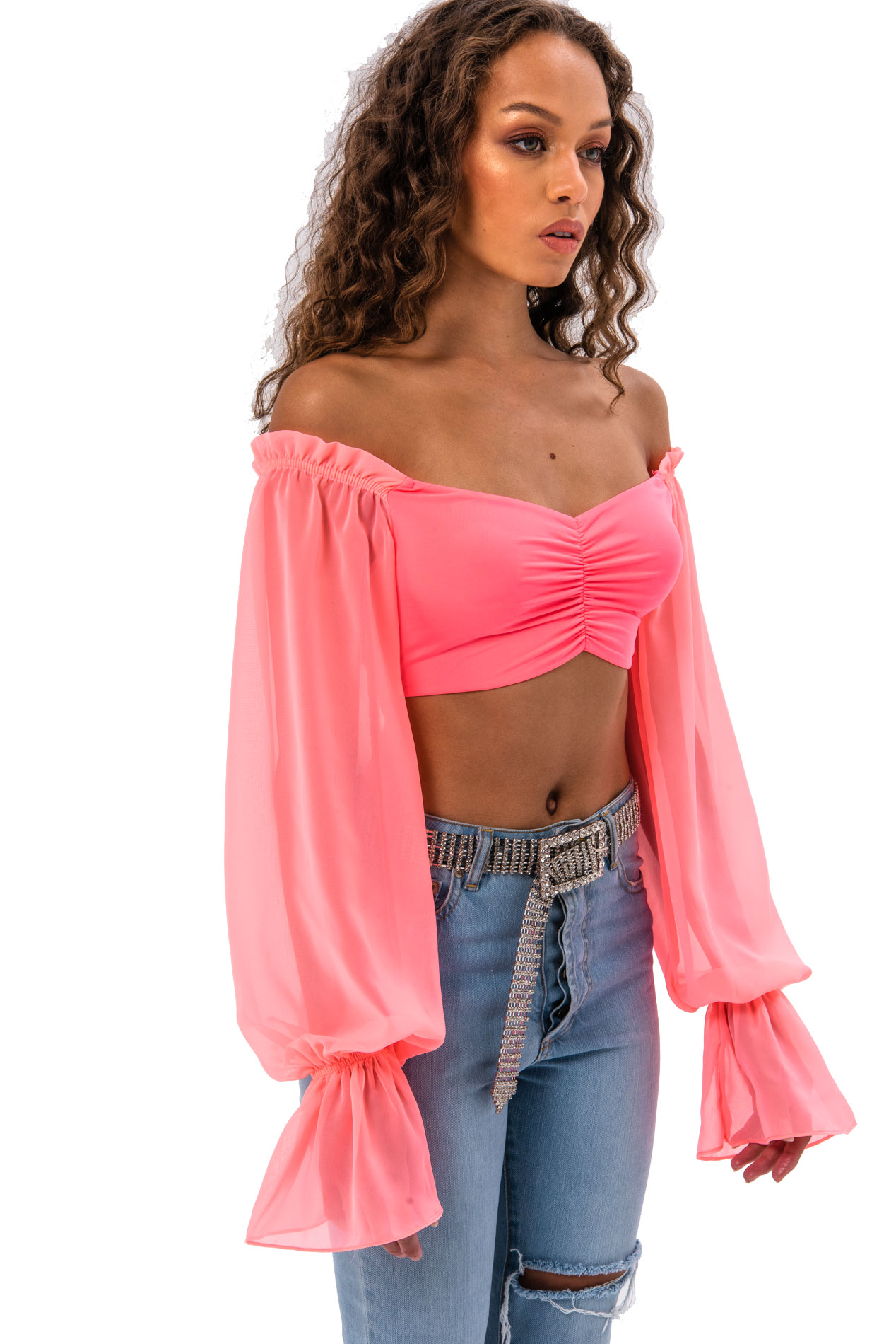 Long Sleeve Tulle Detail Neon Pink Strapless Blouse