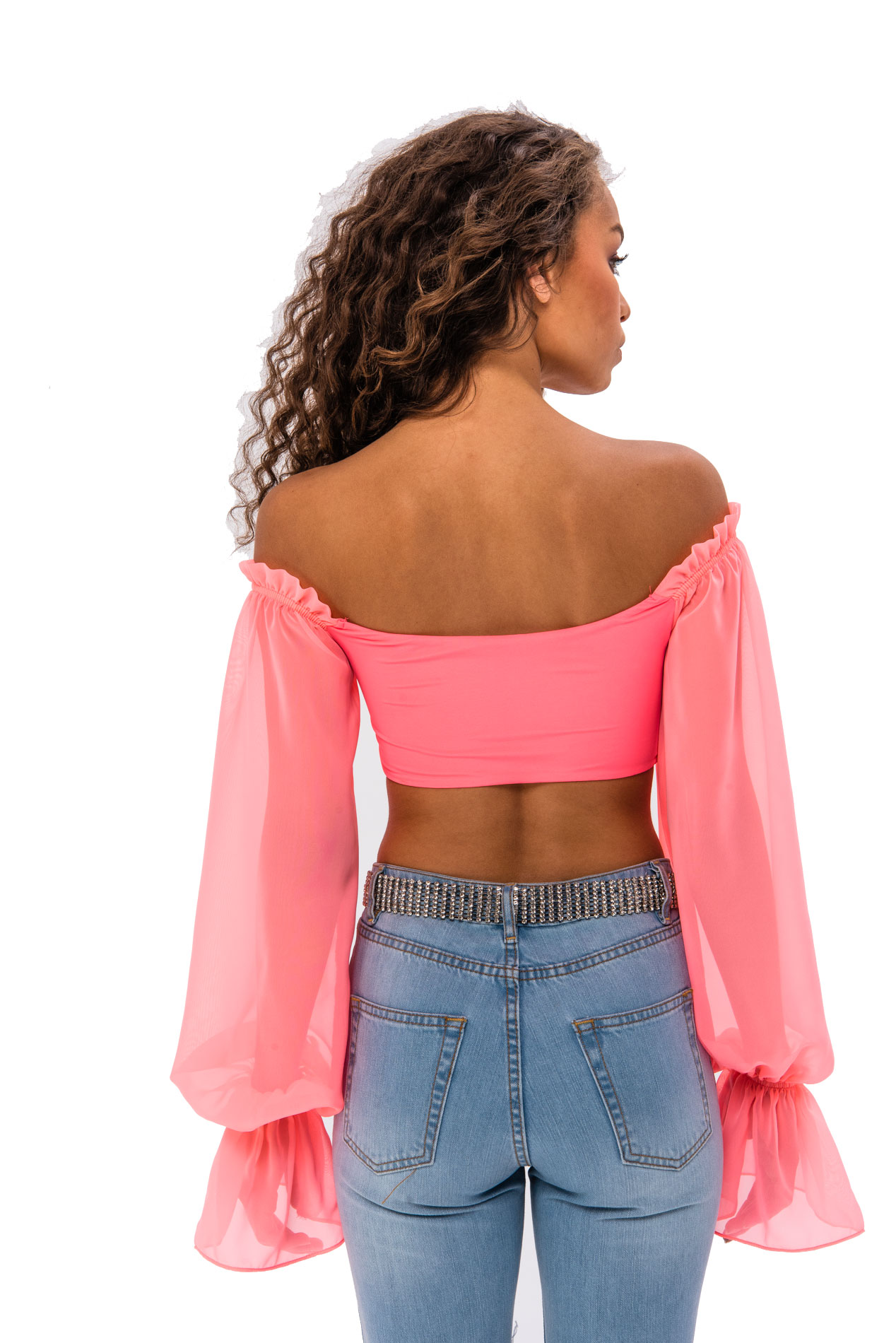 Long Sleeve Tulle Detail Neon Pink Strapless Blouse