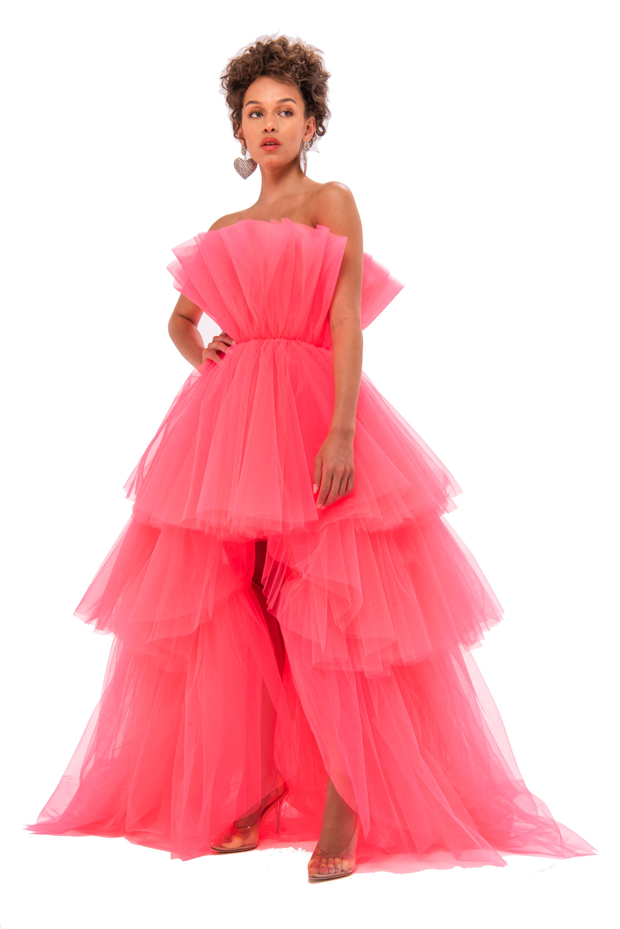 оптовая С Открытыми Плечами Neon Pink Мини-Платье с Рюшами