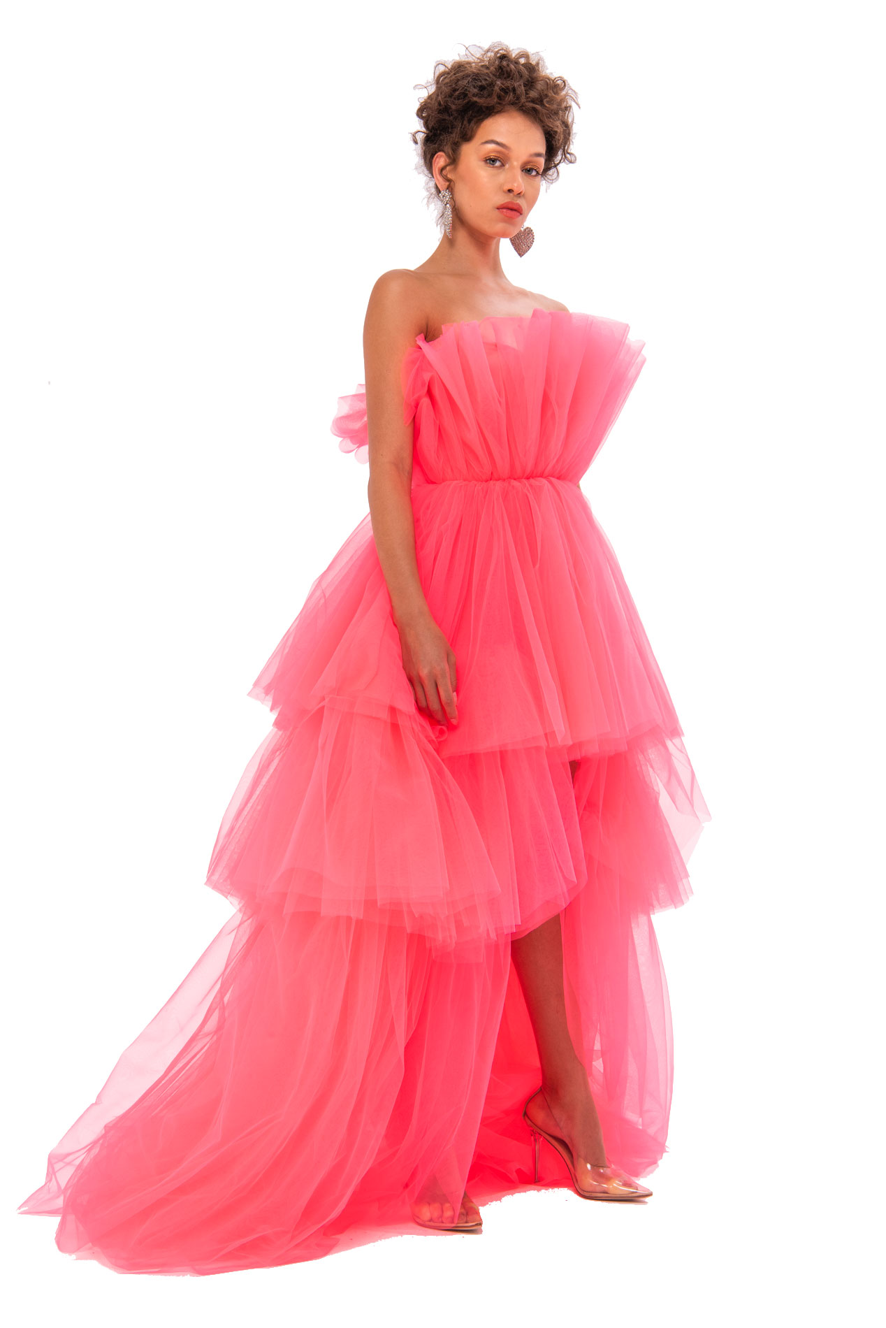 Off The Shoulder Neon Pink Ruffle Mini Dress