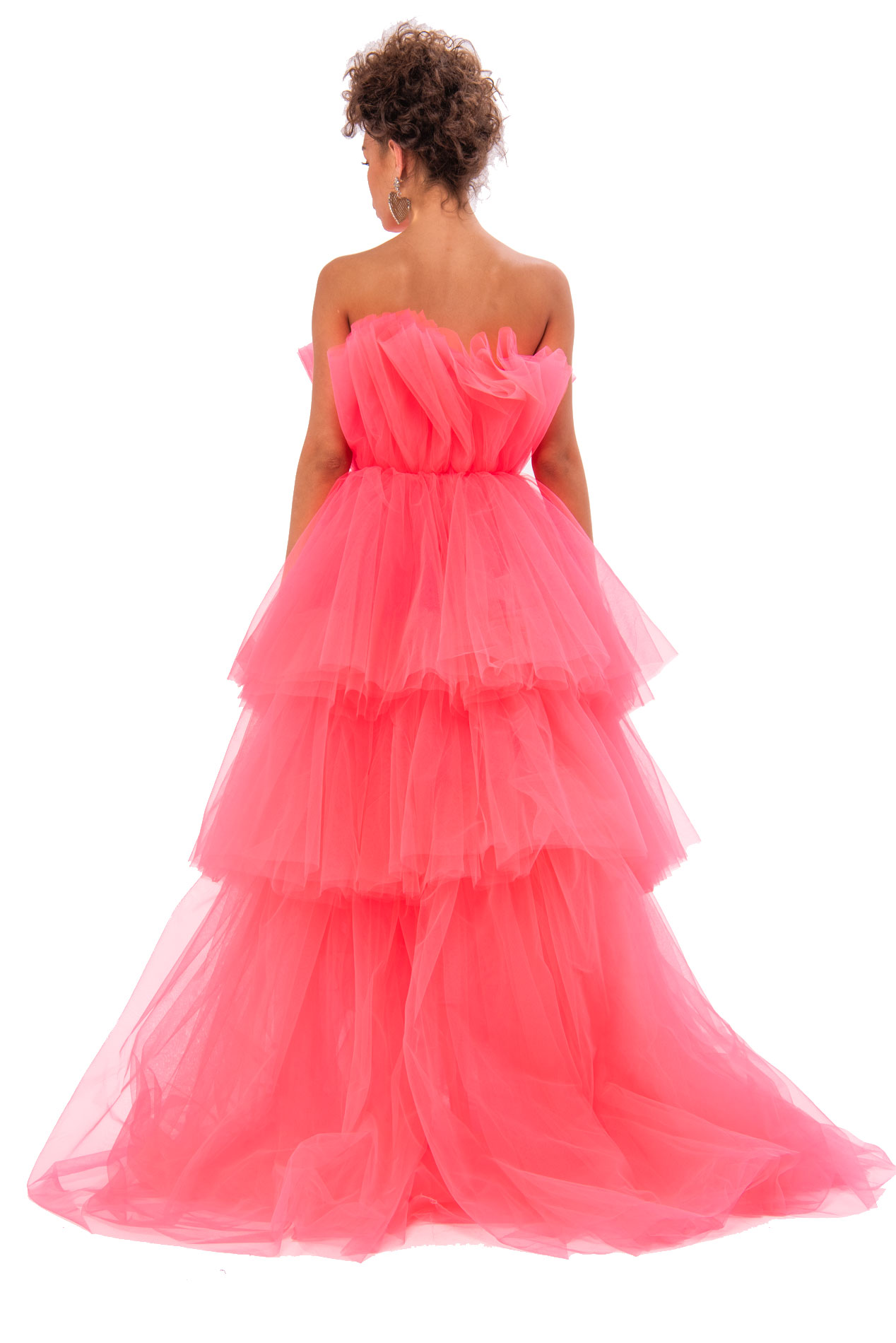 С Открытыми Плечами Neon Pink Мини-Платье с Рюшами