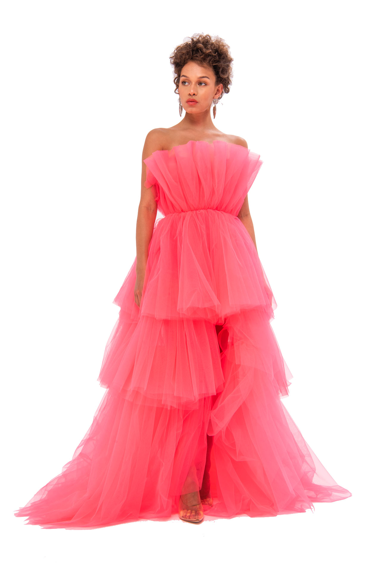 С Открытыми Плечами Neon Pink Мини-Платье с Рюшами