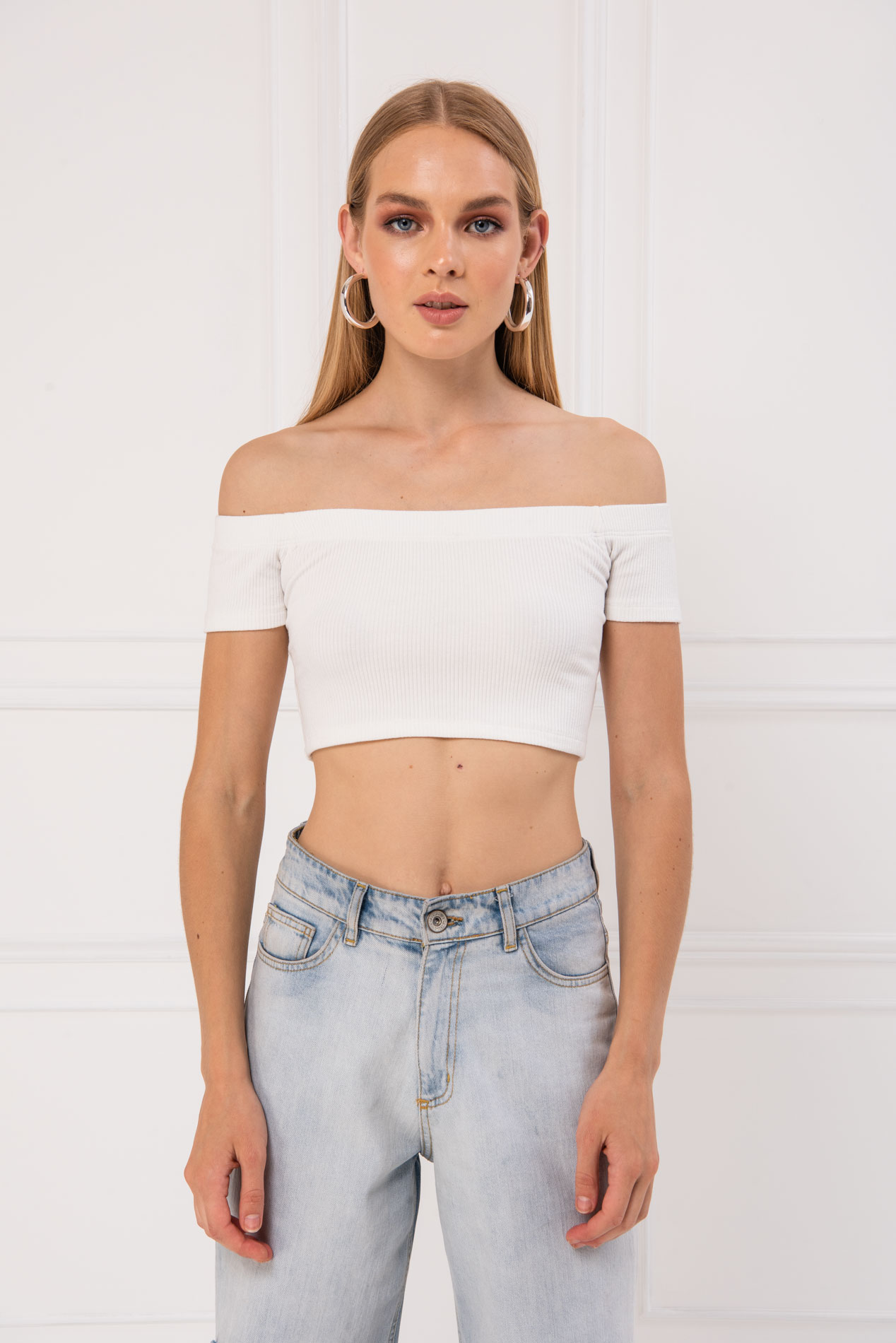 Wholesale Offwhite Off-the-Shoulder Crop Top