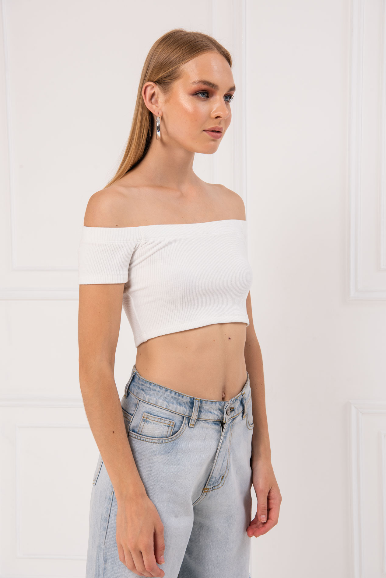 Wholesale Offwhite Off-the-Shoulder Crop Top