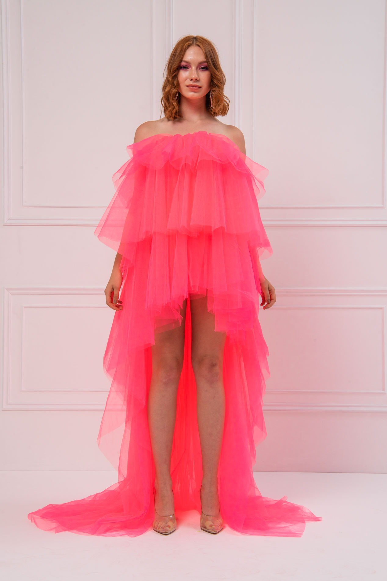 Strapless Ruffle Neon Pink Mini Dress