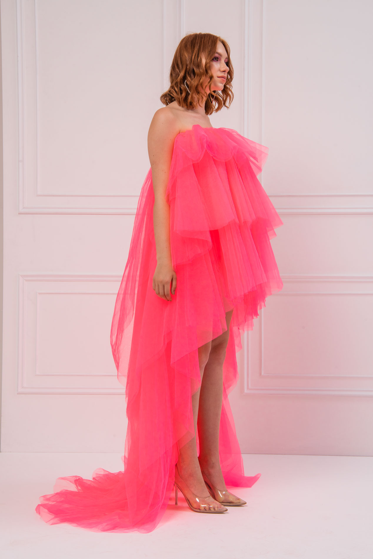 С Рюшами и без бретелек Neon Pink Мини-платье