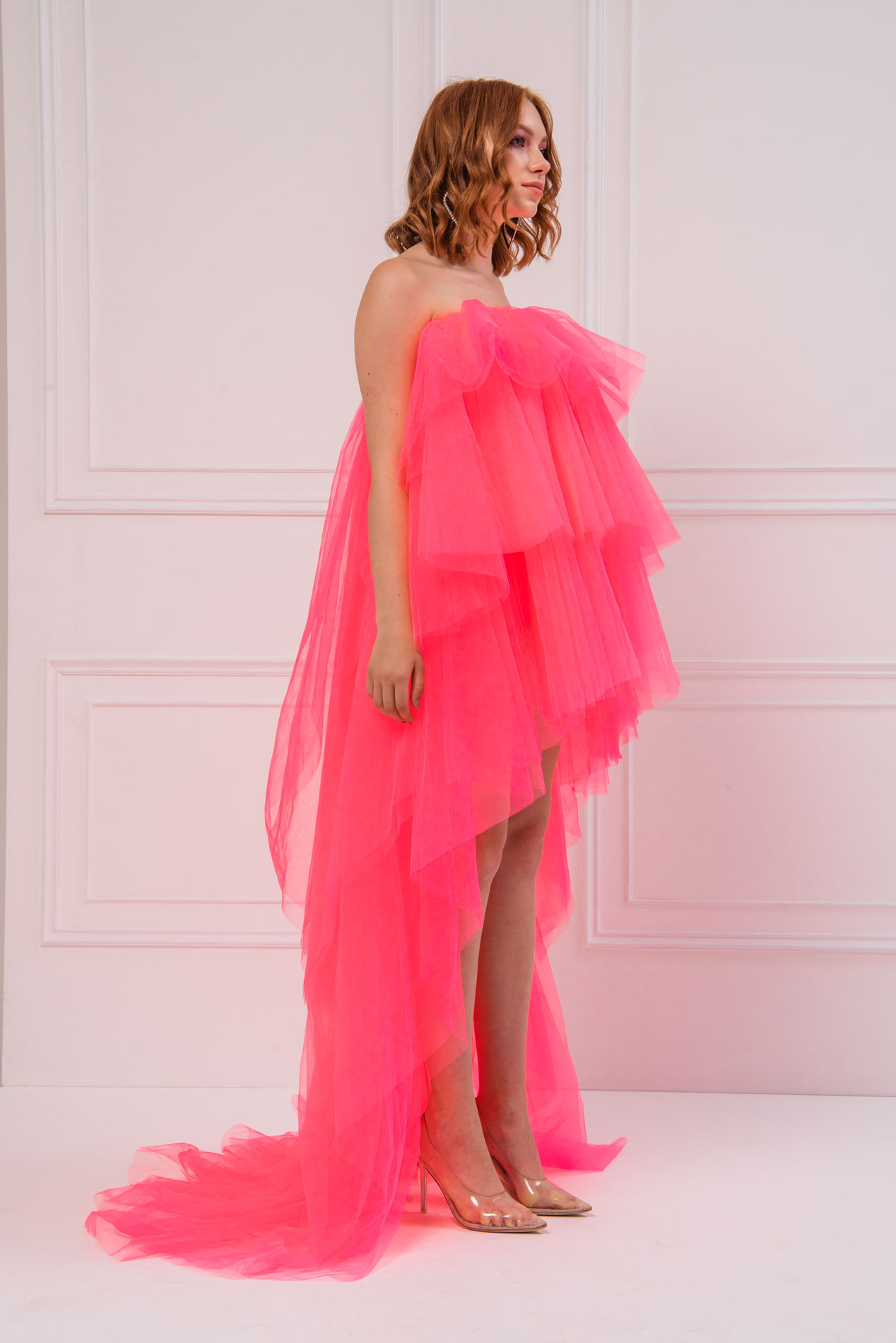 Strapless Ruffle Neon Pink Mini Dress