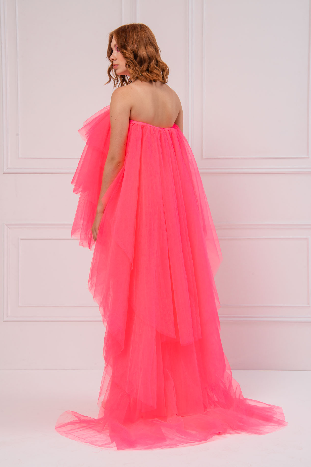 Wholesale Strapless Ruffle Neon Pink Mini Dress