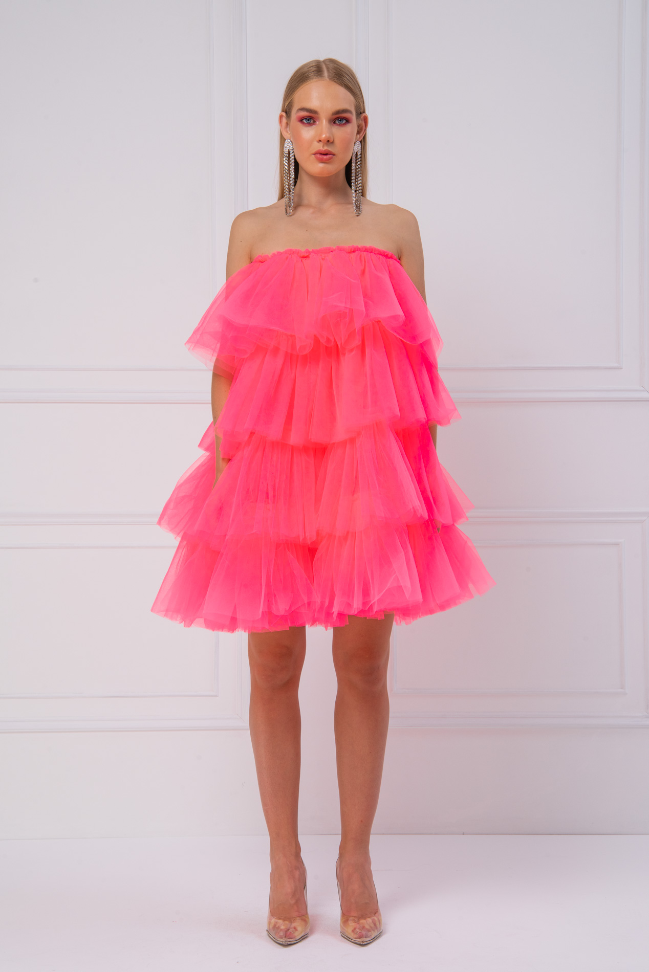 оптовая Без бретелей Neon Pink  платье из тюля