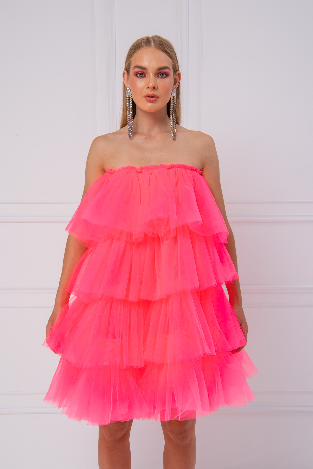 Wholesale Off The Shoulder Neon Pink Tulle Dress