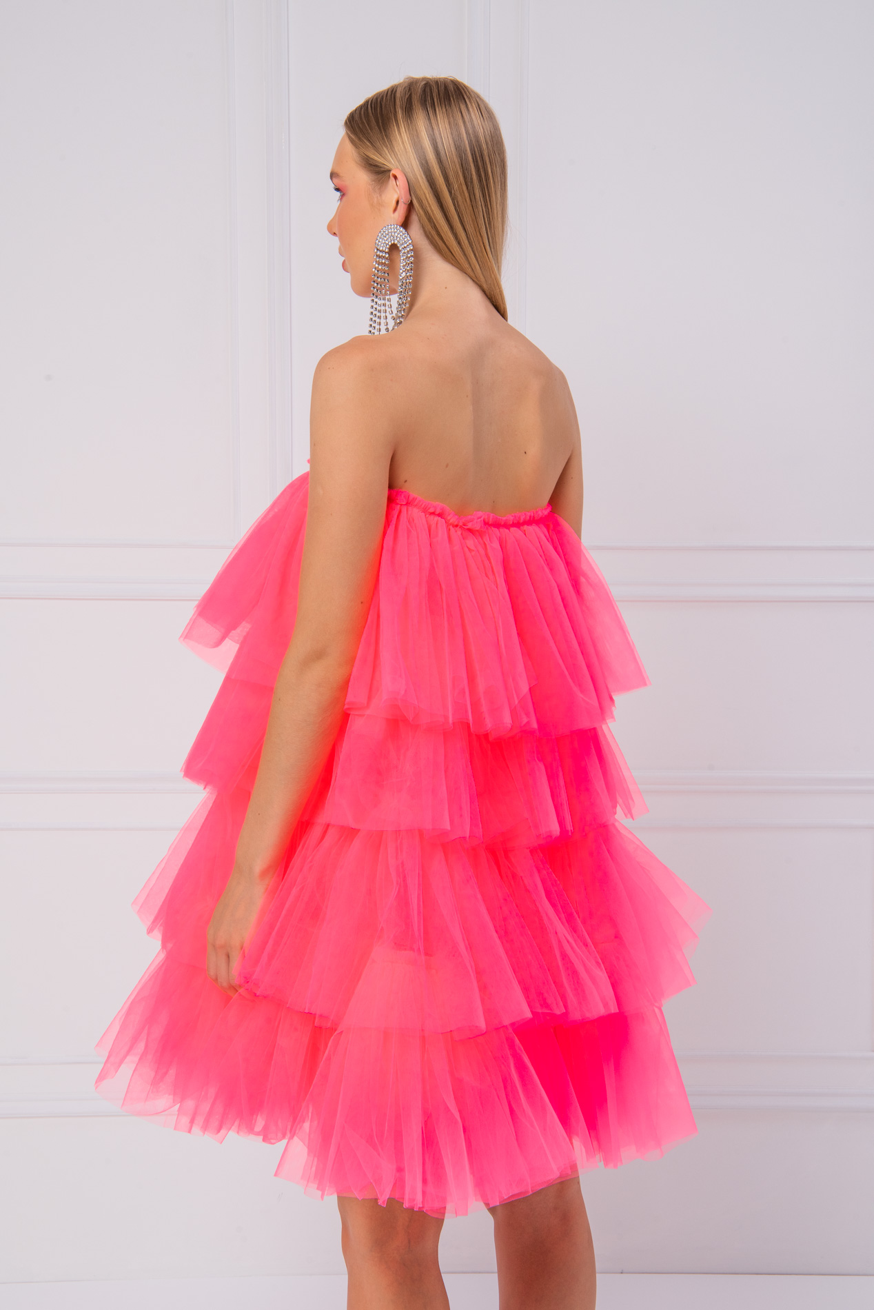 Off The Shoulder Neon Pink Tulle Dress