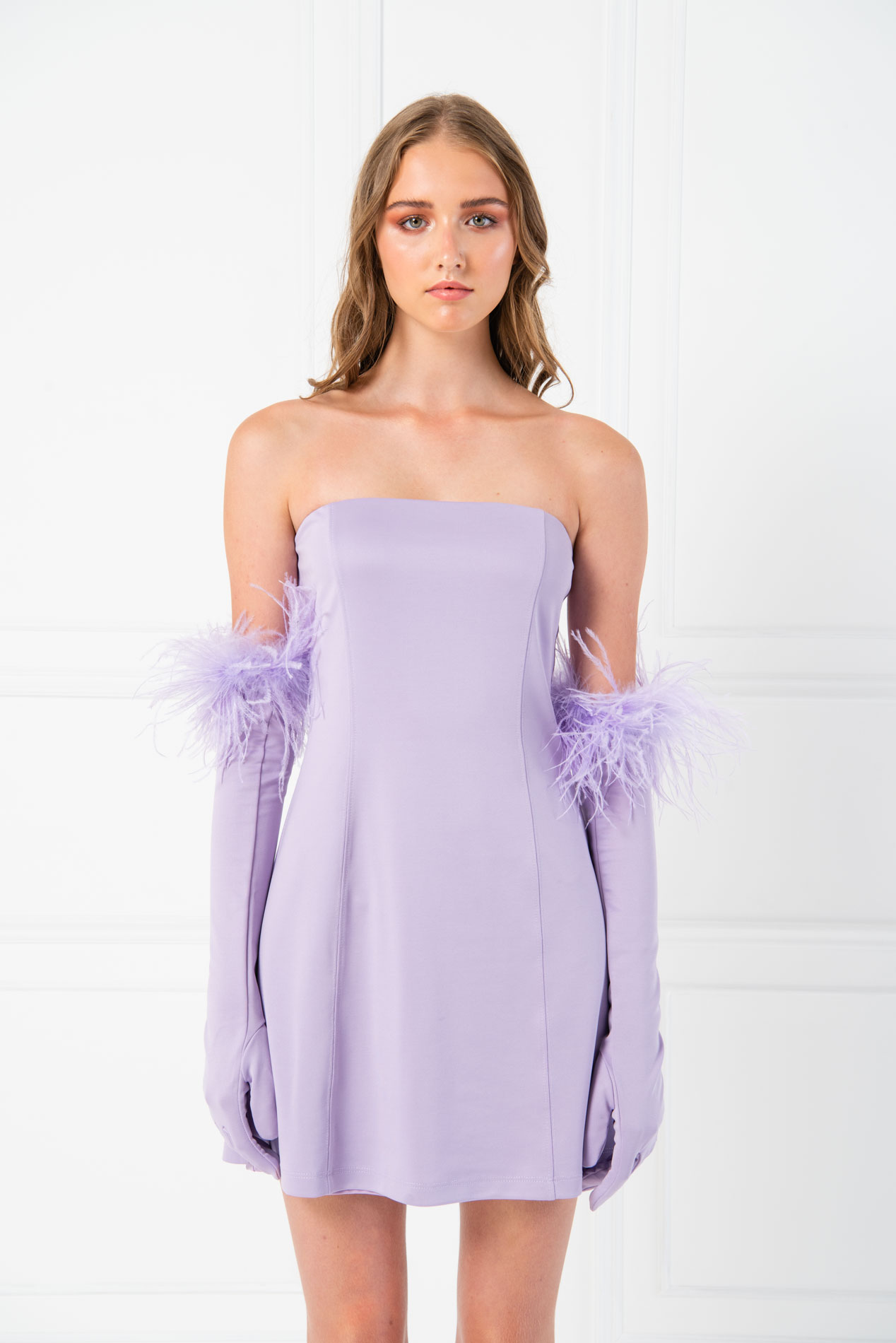 оптовая Lilac Мини-платье с открытыми плечами и перчатками