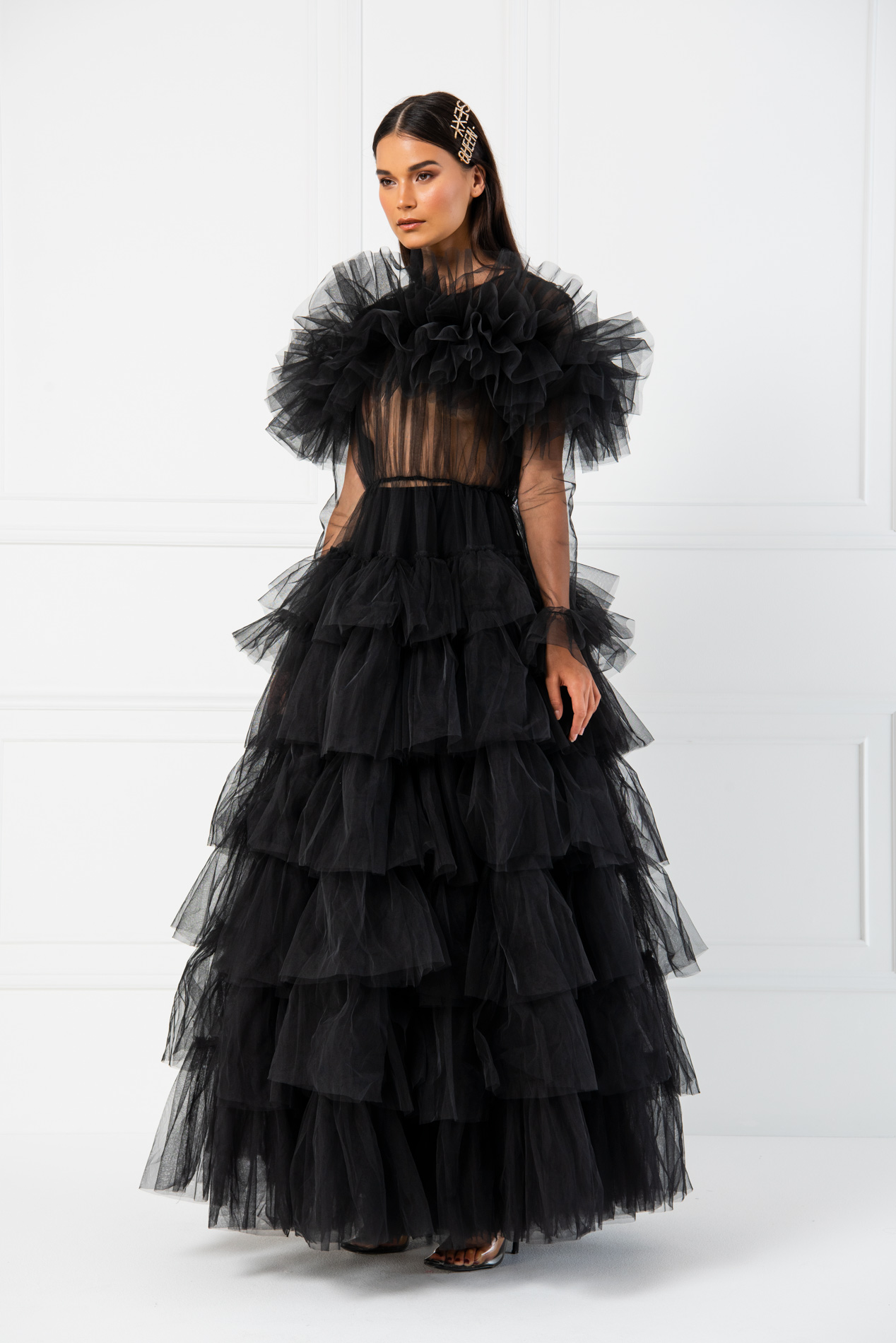 Volanlı Transparan Siyah Maxi Elbise
