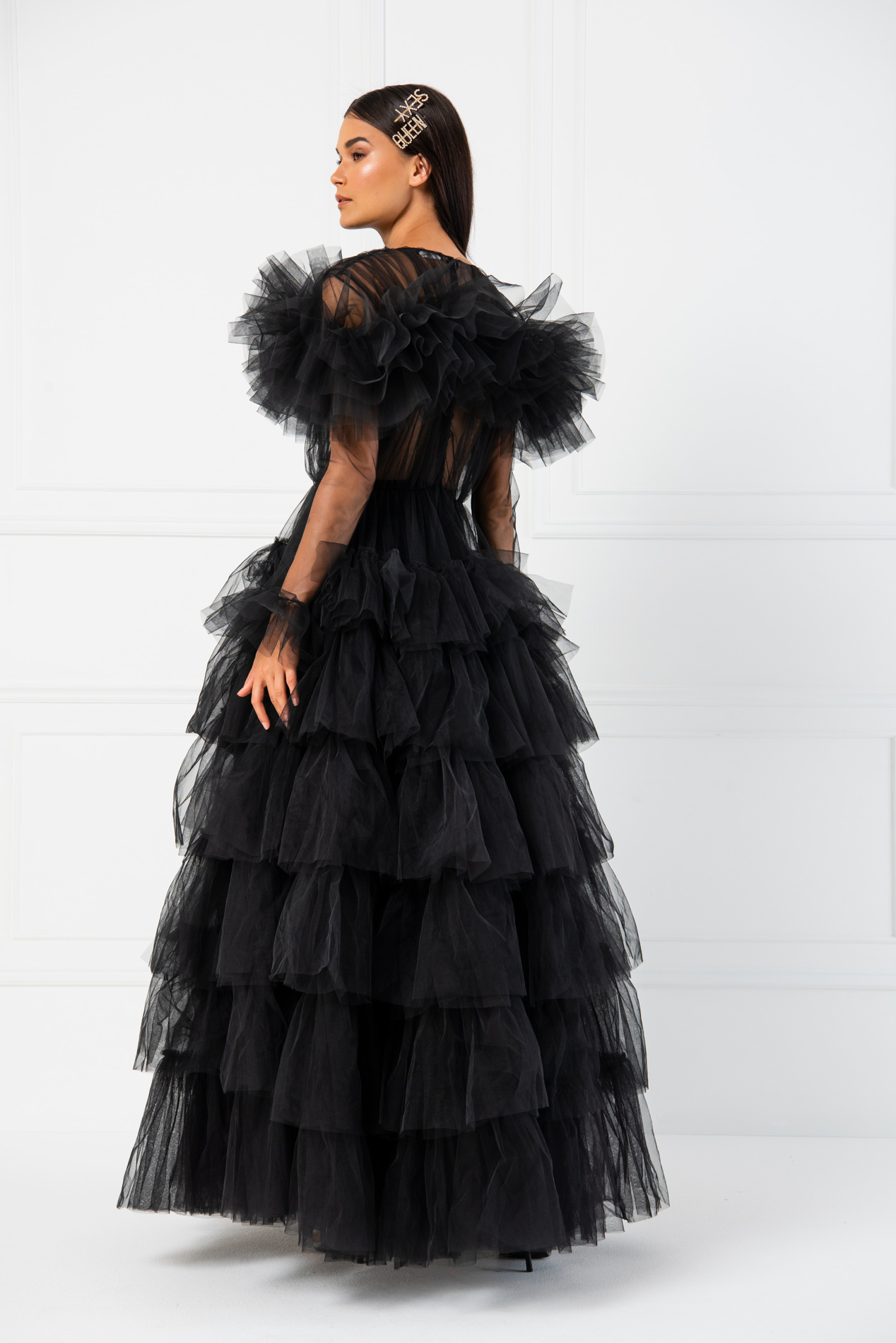 Wholesale Ruffle Sheer Black Maxi Dress