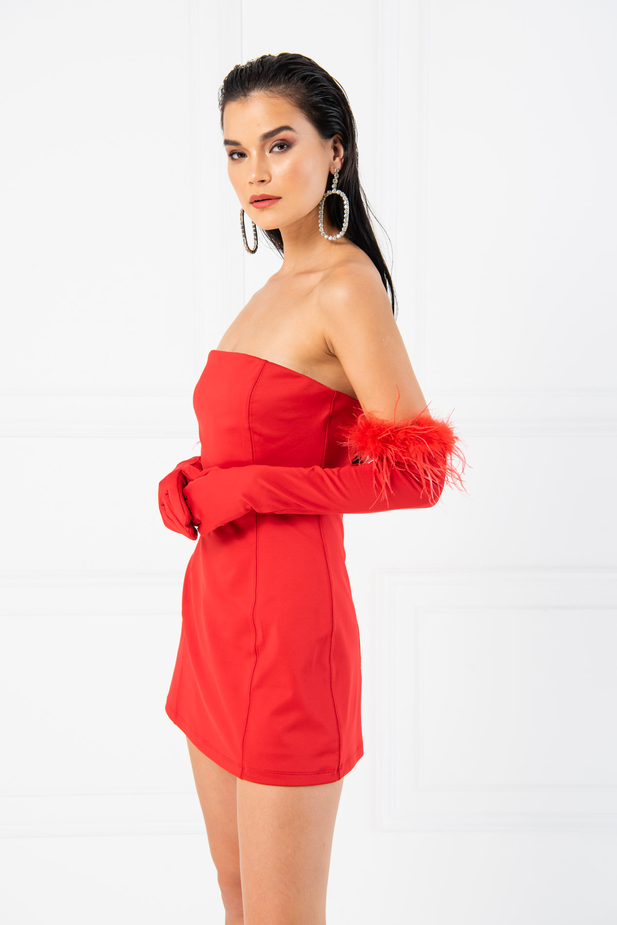 Red Off The Shoulder Mini Dress with Glove