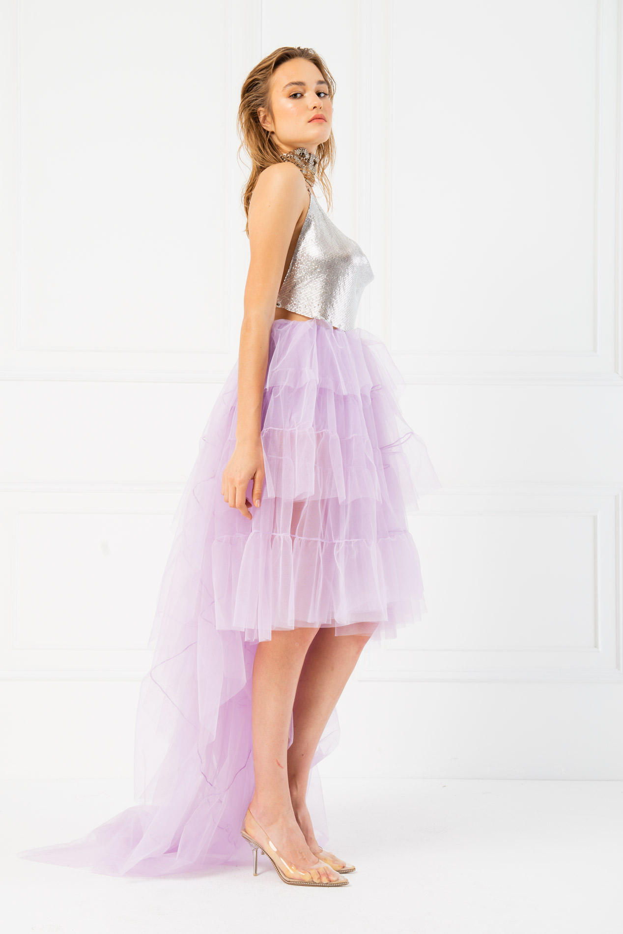 Tulle Detail Strapless Light Purle Sheer Mini Dress