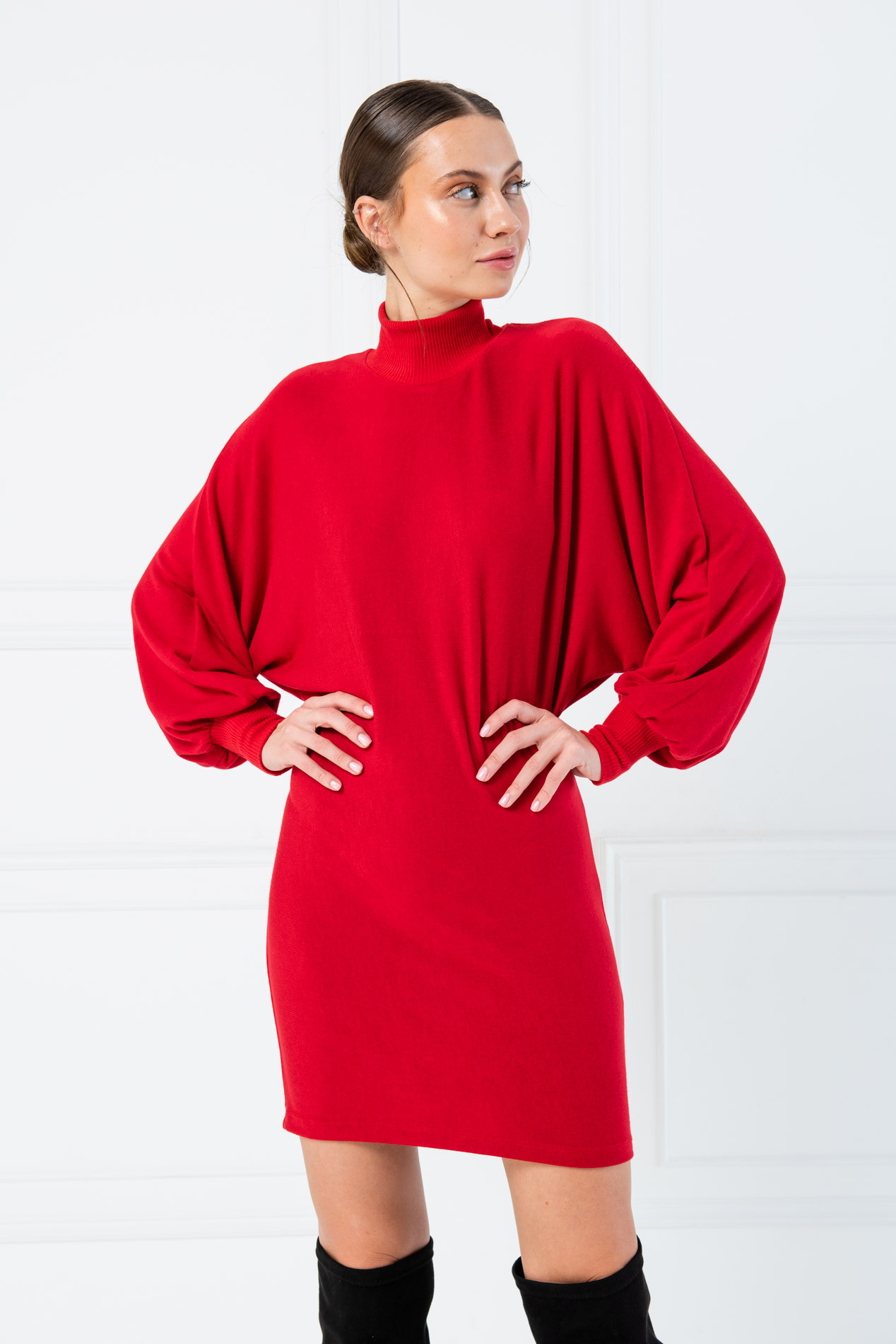Batwing Sleeve  Dark Red Turtleneck Mini Dress