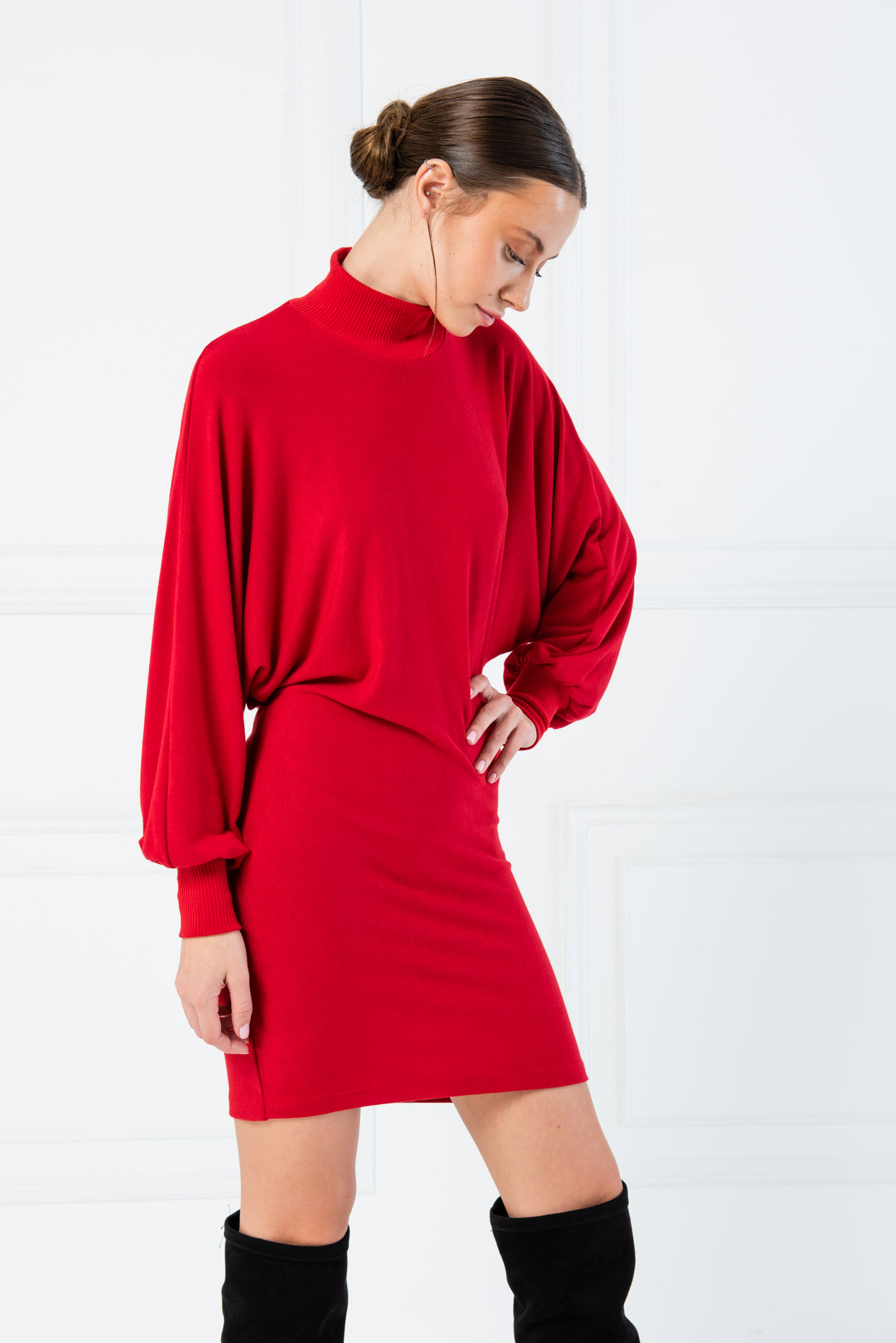 Batwing Sleeve  Dark Red Turtleneck Mini Dress