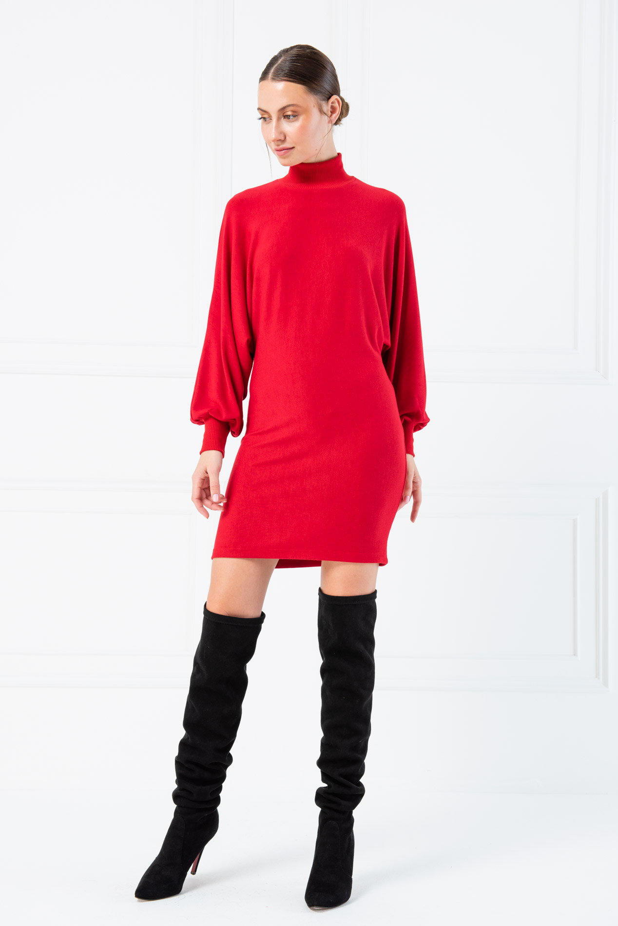 оптовая Длинный рукав   Dark Red мини-платье водолазка