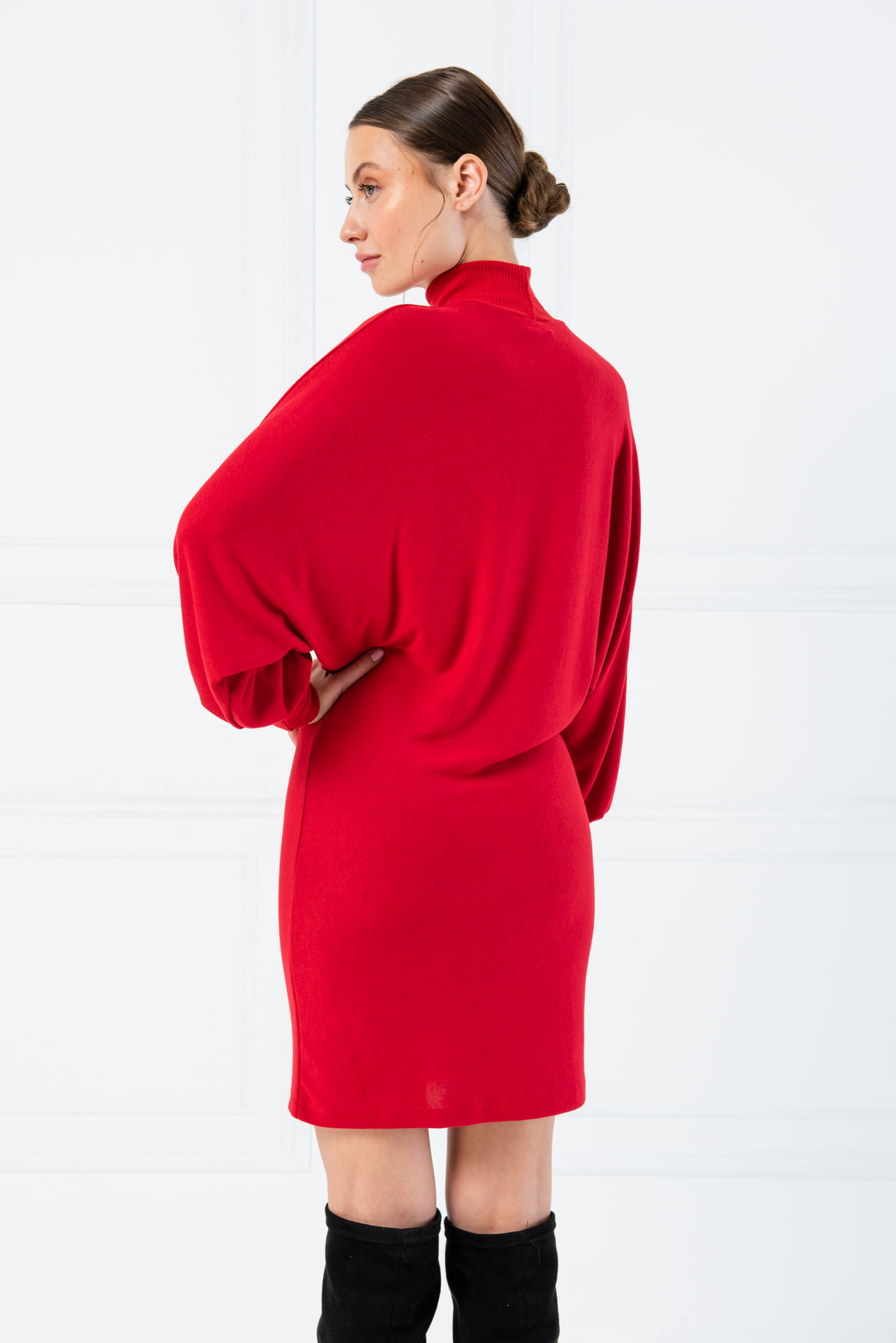 Wholesale Batwing Sleeve  Dark Red Turtleneck Mini Dress