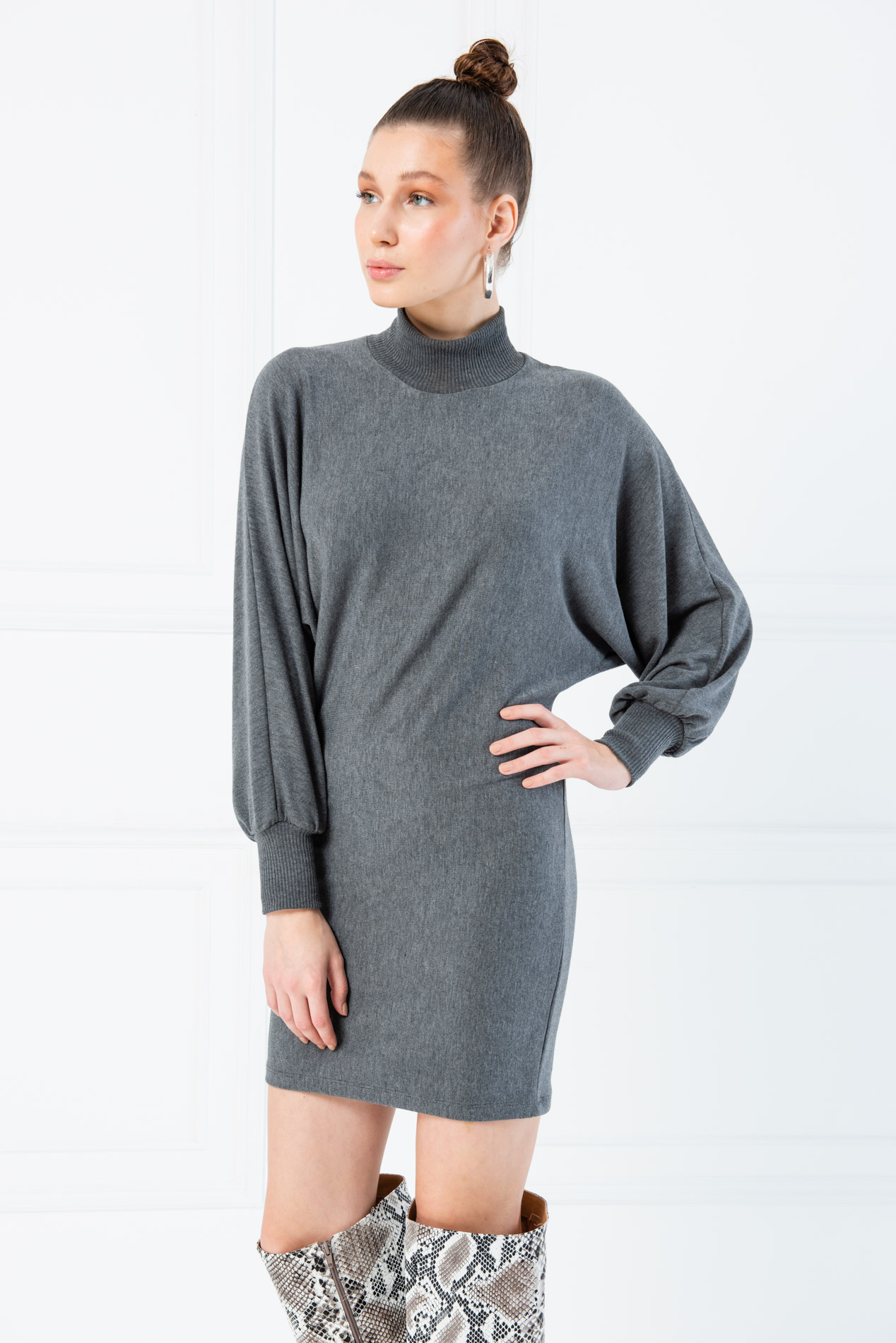 Wholesale Batwing Sleeve  Antrasit Turtleneck Mini Dress