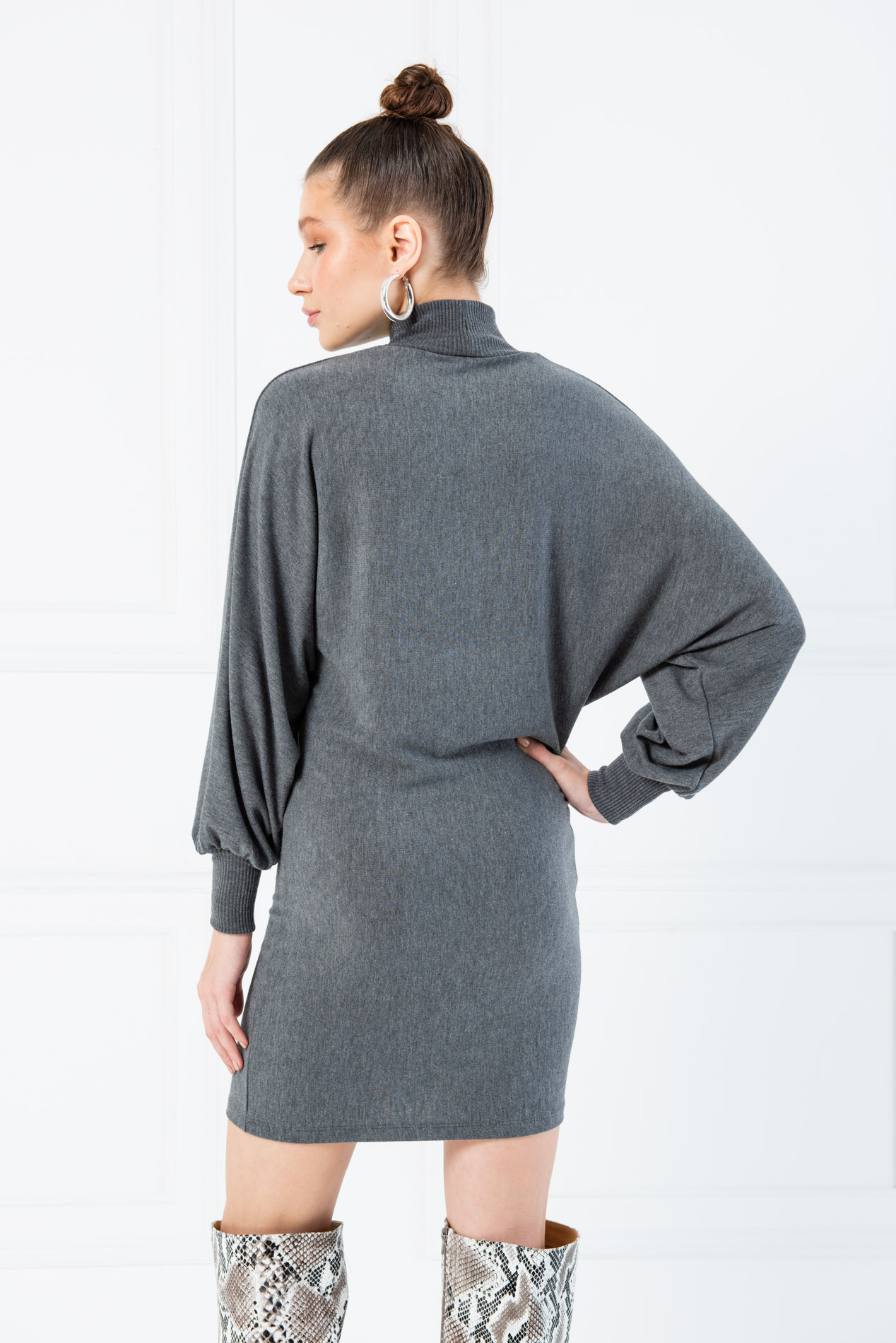 Wholesale Batwing Sleeve  Antrasit Turtleneck Mini Dress