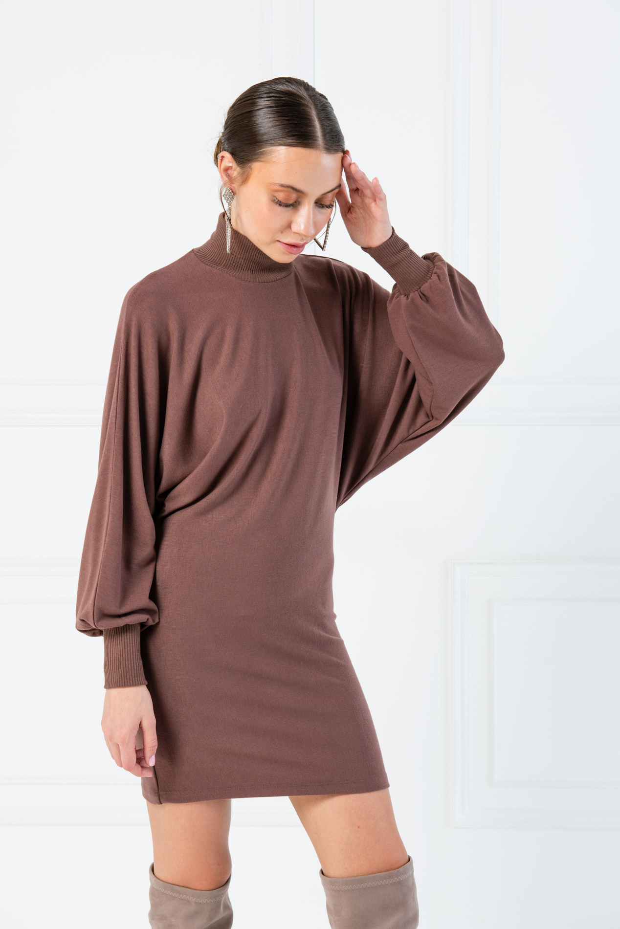 Wholesale Batwing Sleeve  Milky Coffee Turtleneck Mini Dress