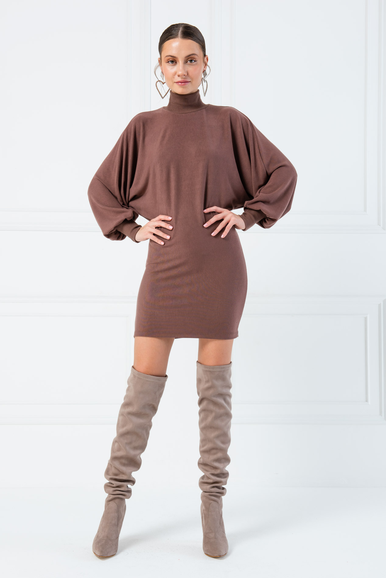 Wholesale Batwing Sleeve  Milky Coffee Turtleneck Mini Dress