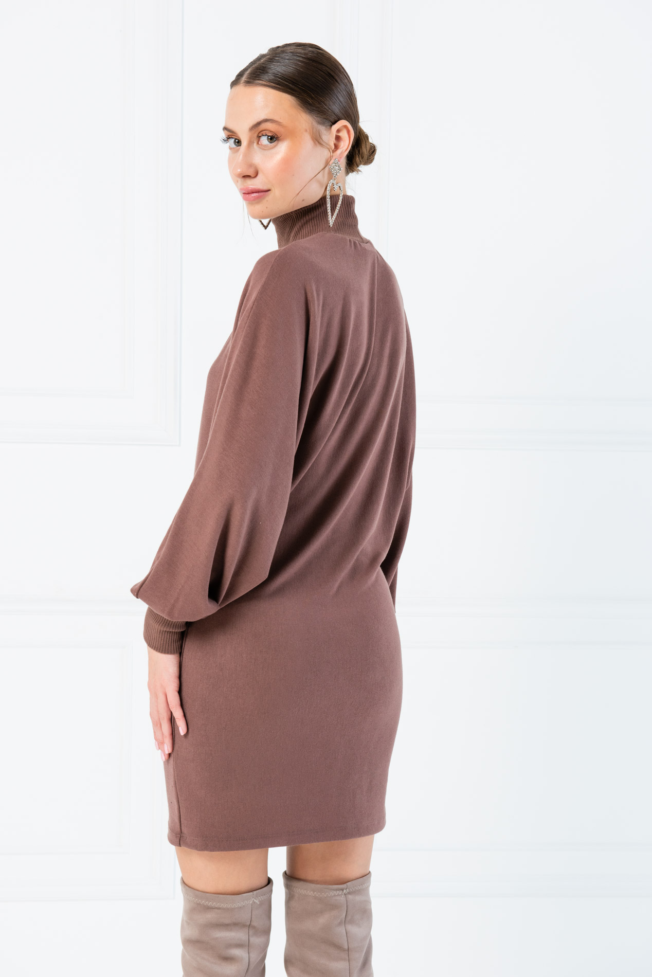 Batwing Sleeve  Milky Coffee Turtleneck Mini Dress