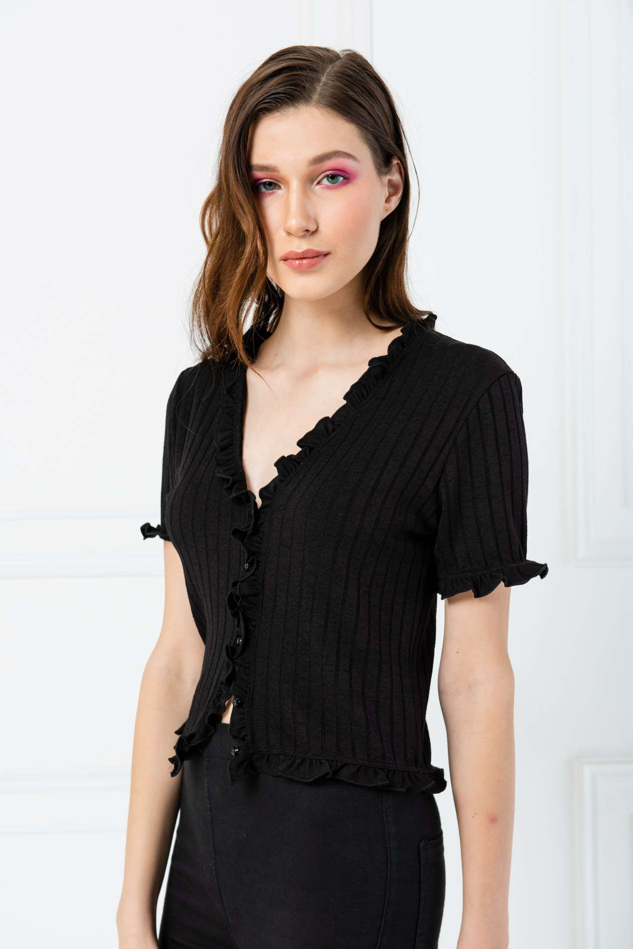 Black Ruffle-Trim Short Sleeve Cardigan