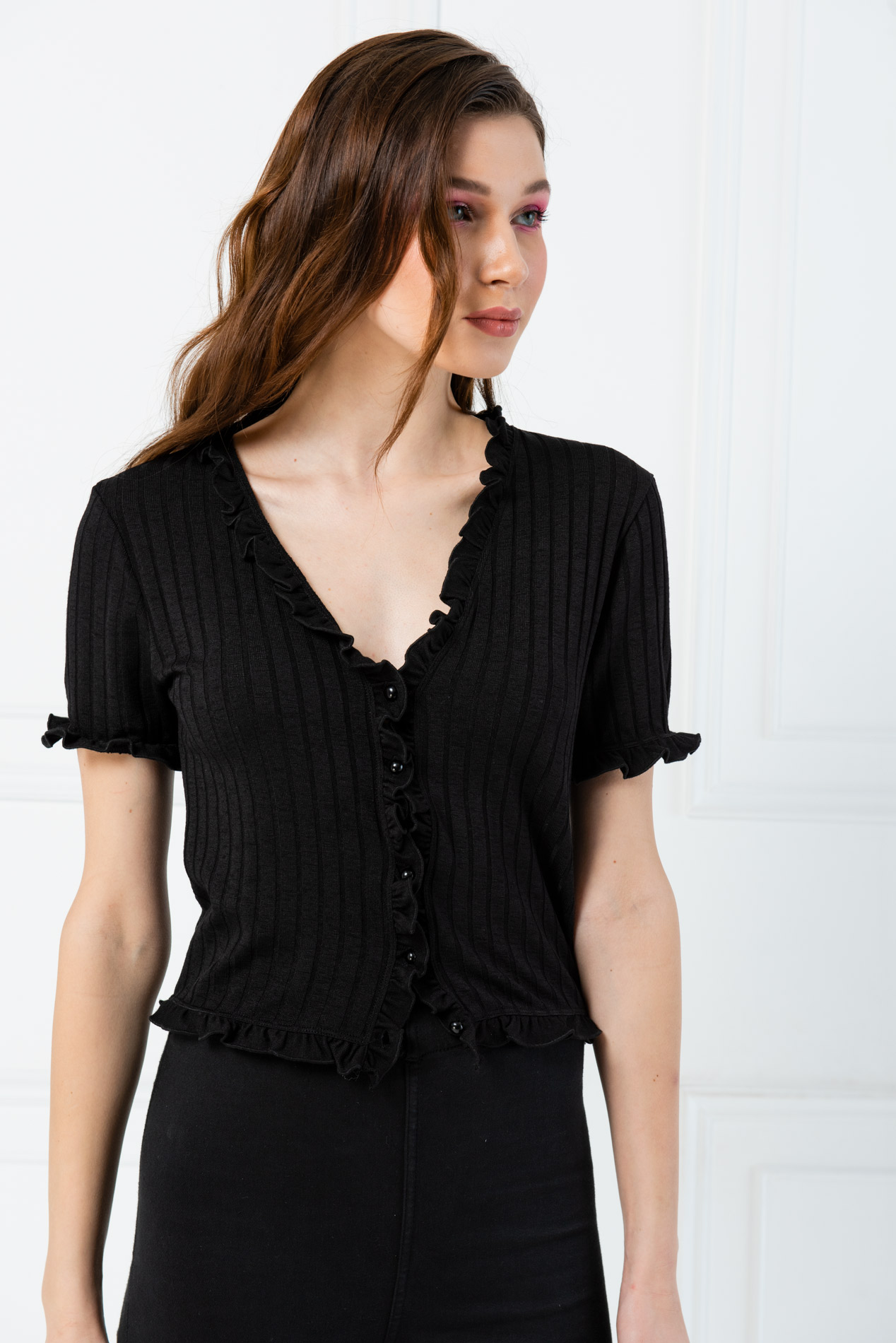 Black Ruffle-Trim Short Sleeve Cardigan