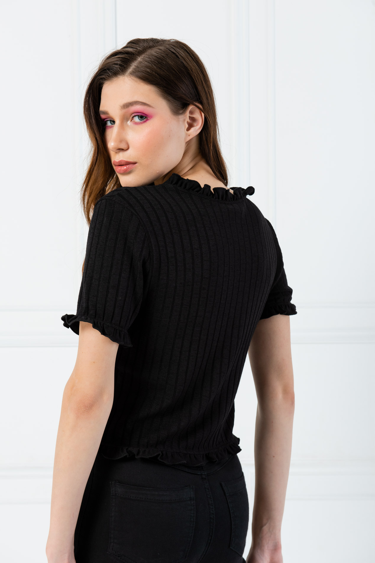 Black Ruffle-Trim Short Sleeve Cardigan