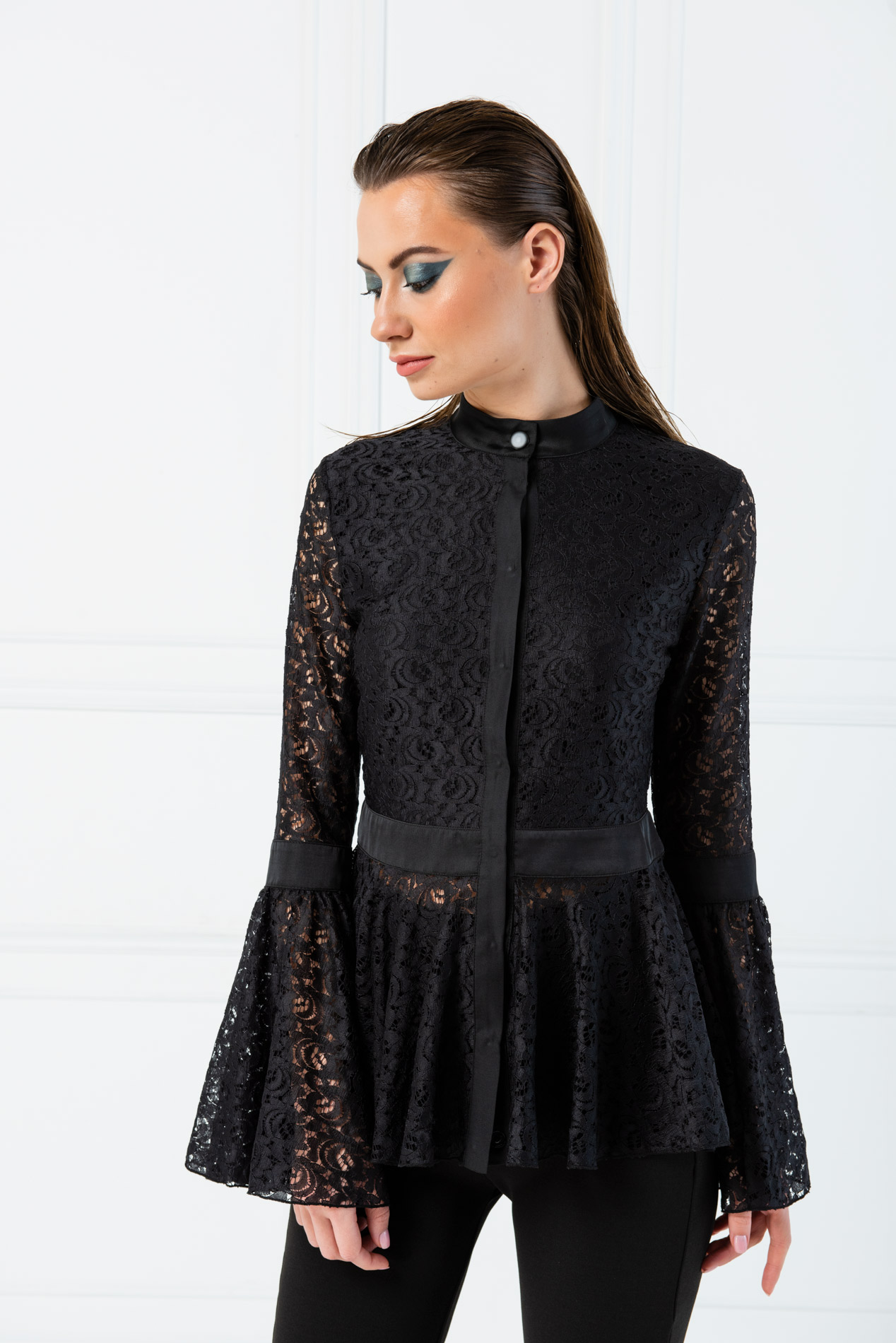 Grandad Collar Ruffle Bottom Lace Black Shirt