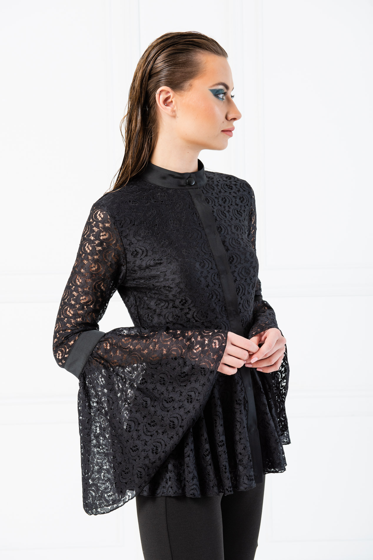 Grandad Collar Ruffle Bottom Lace Black Shirt