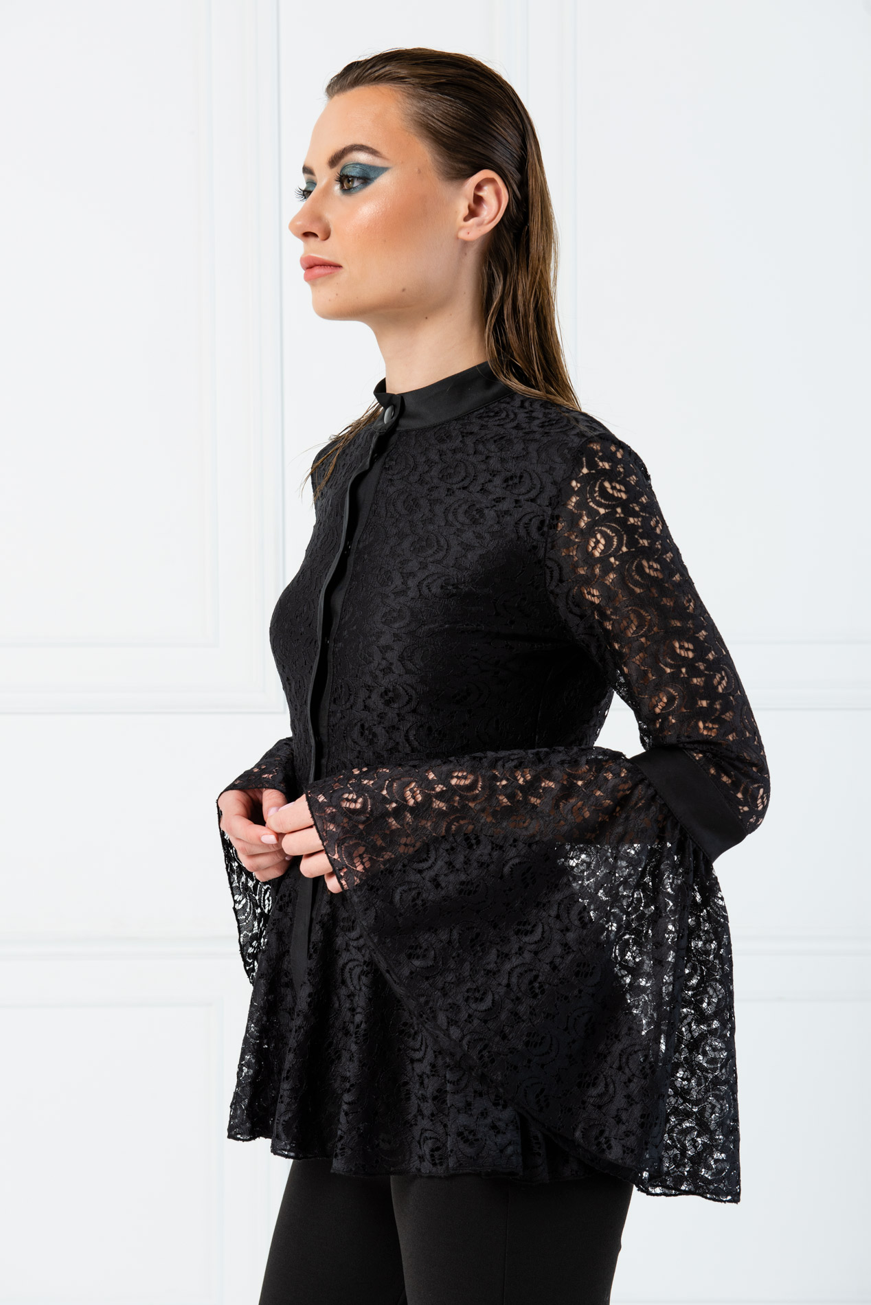 Grandad Collar Ruffle Bottom Lace Black Shirt