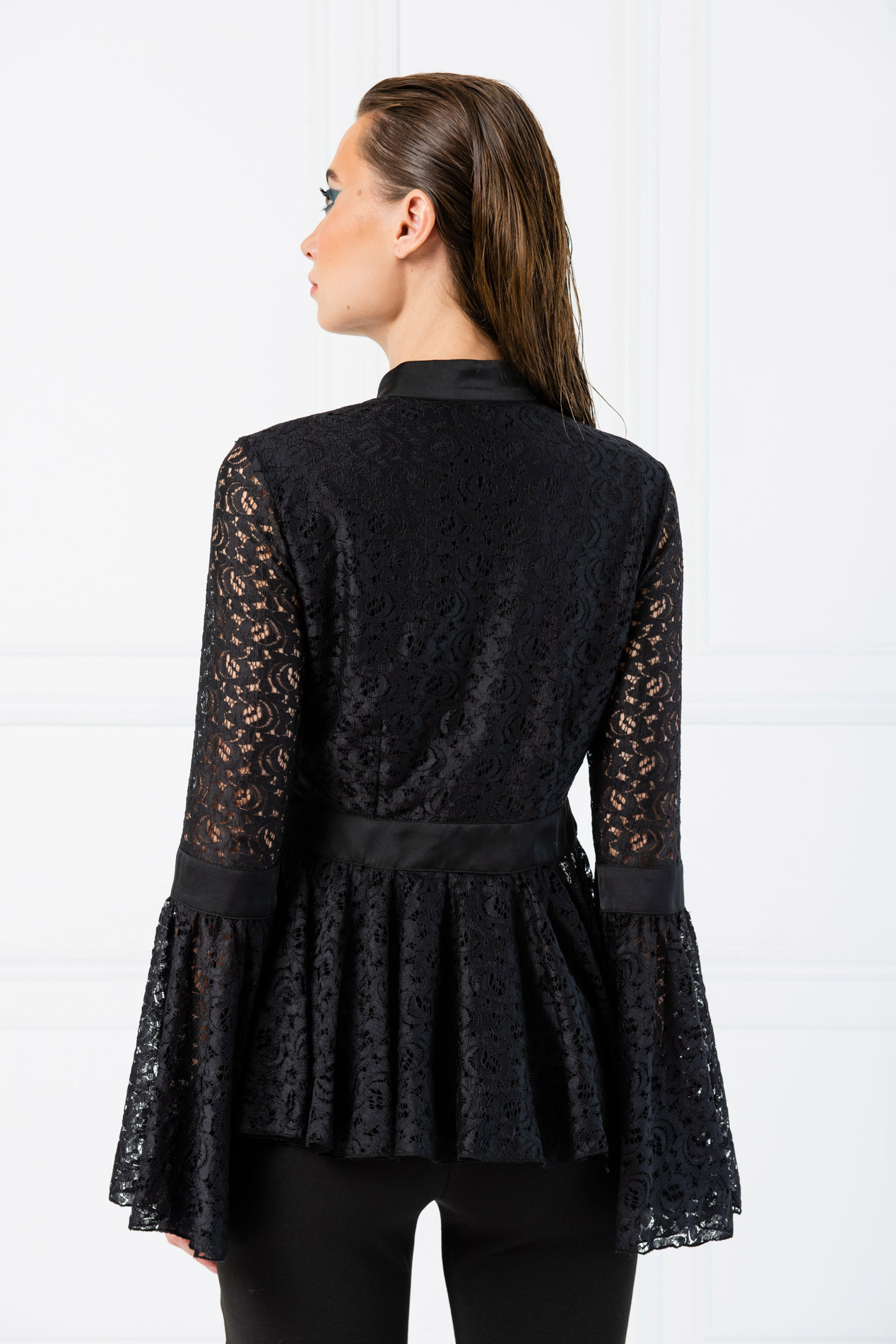 Grandad Collar Ruffle Bottom Lace Black Shirt