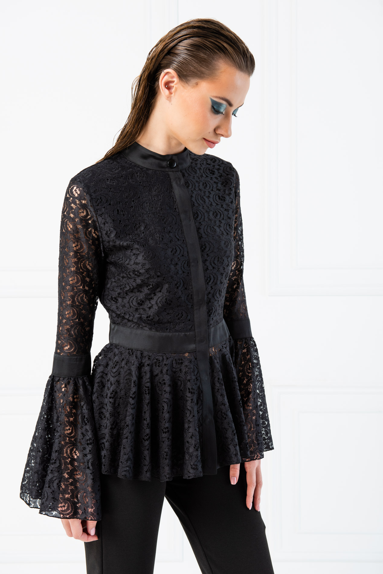 Grandad Collar Ruffle Bottom Lace Black Shirt