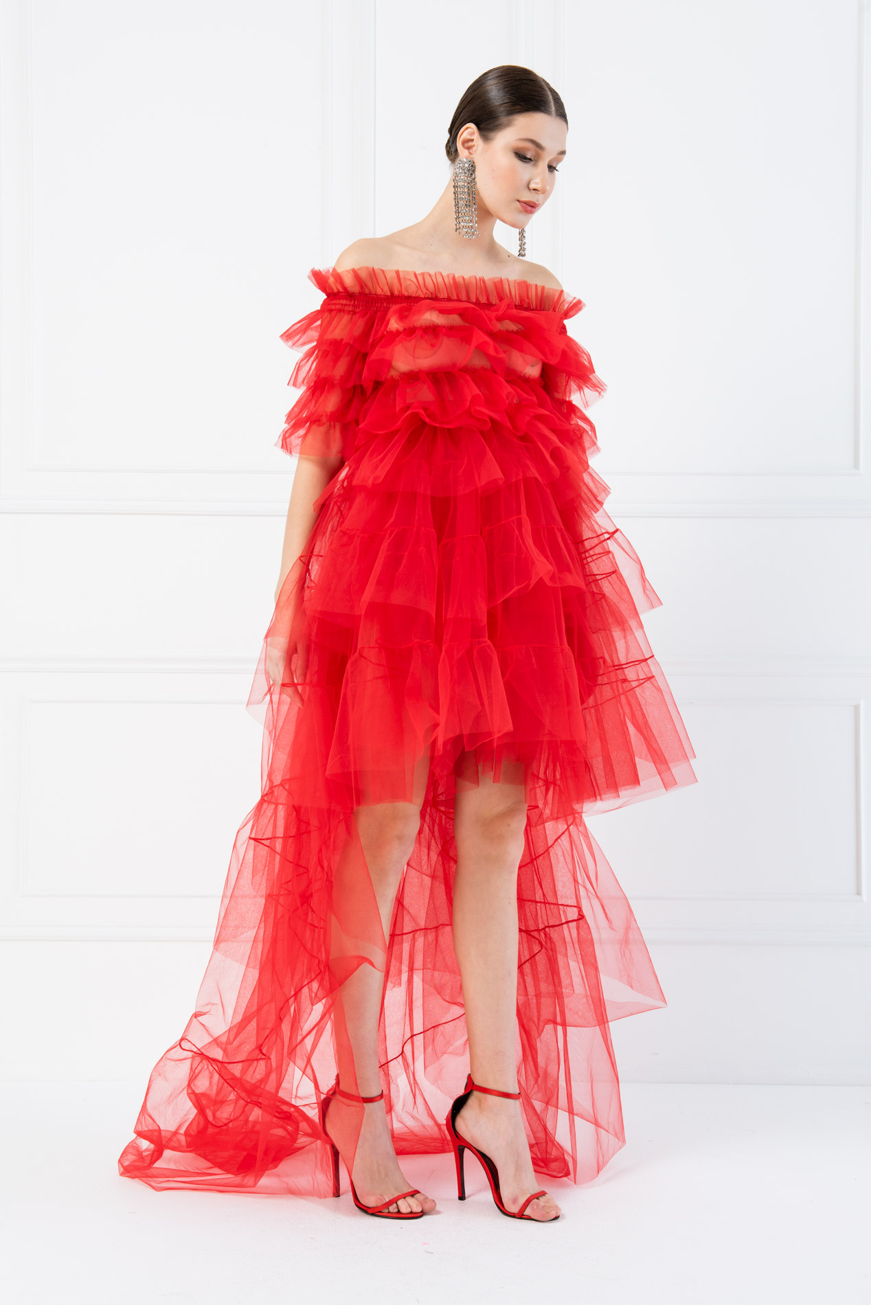 Wholesale Tulle Off The Shoulder Red Ruffle Mini Dress