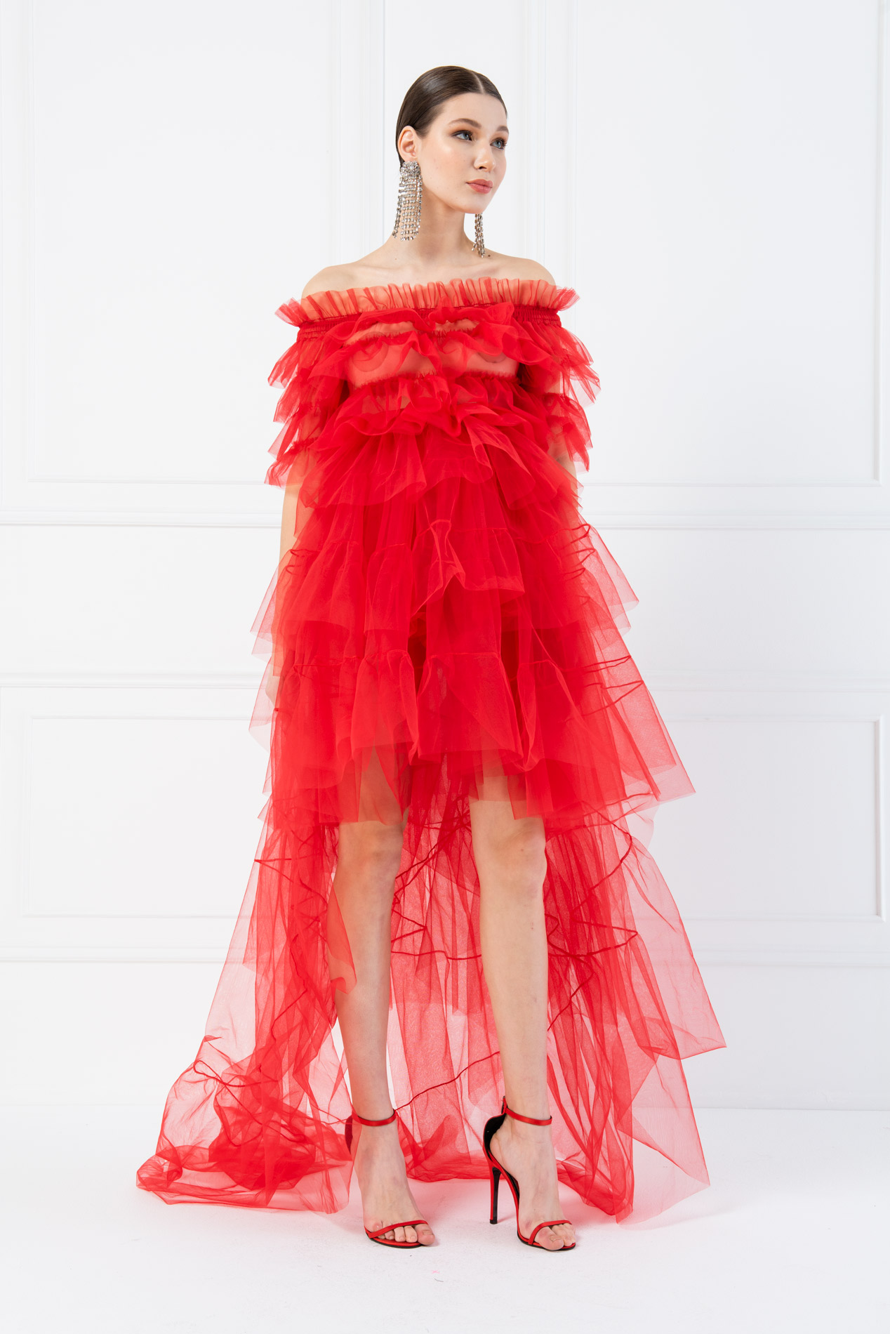 Wholesale Tulle Off The Shoulder Red Ruffle Mini Dress