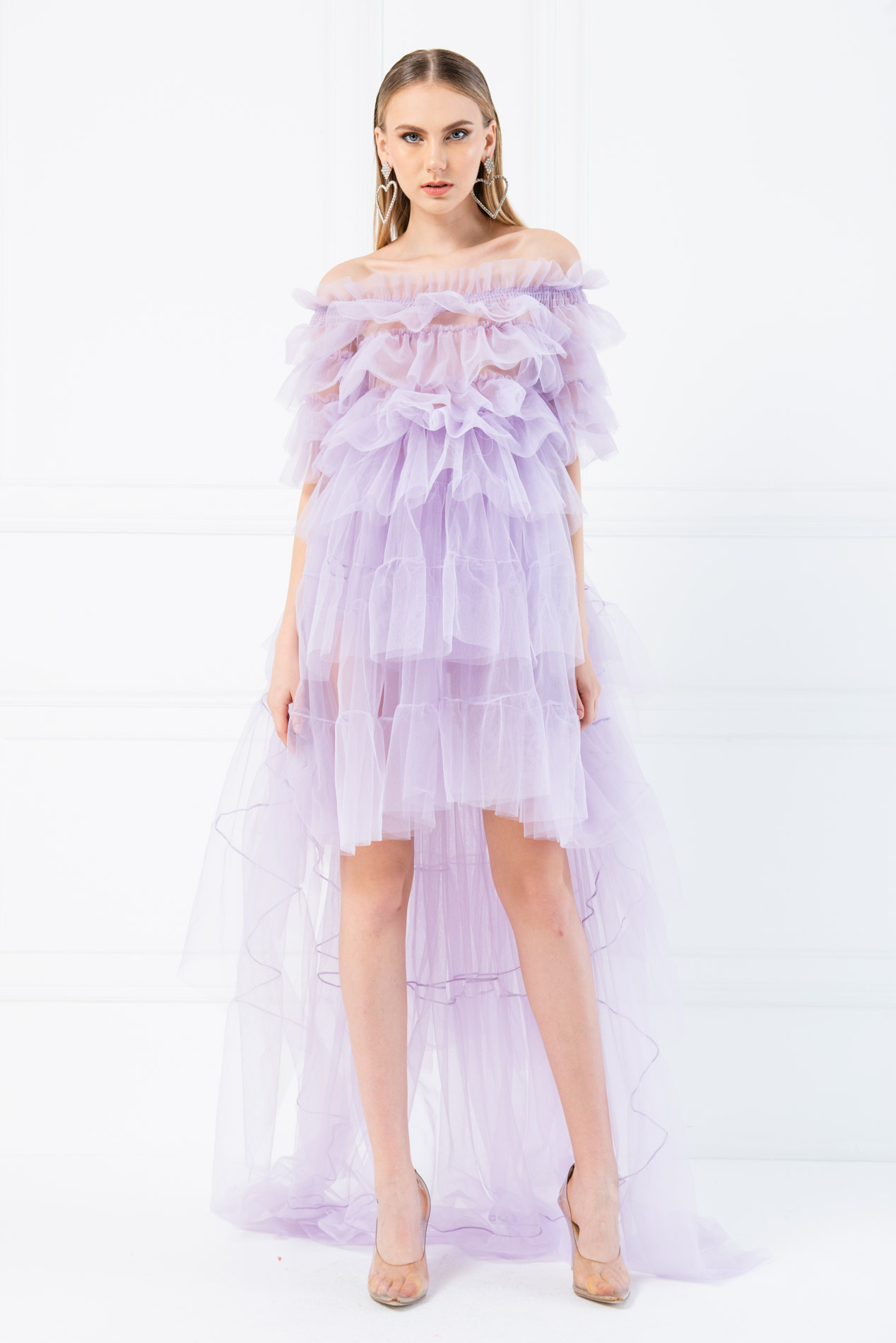 оптовая Из Тюля с открытыми плечами Lilac Мини-Платье с Рюшами