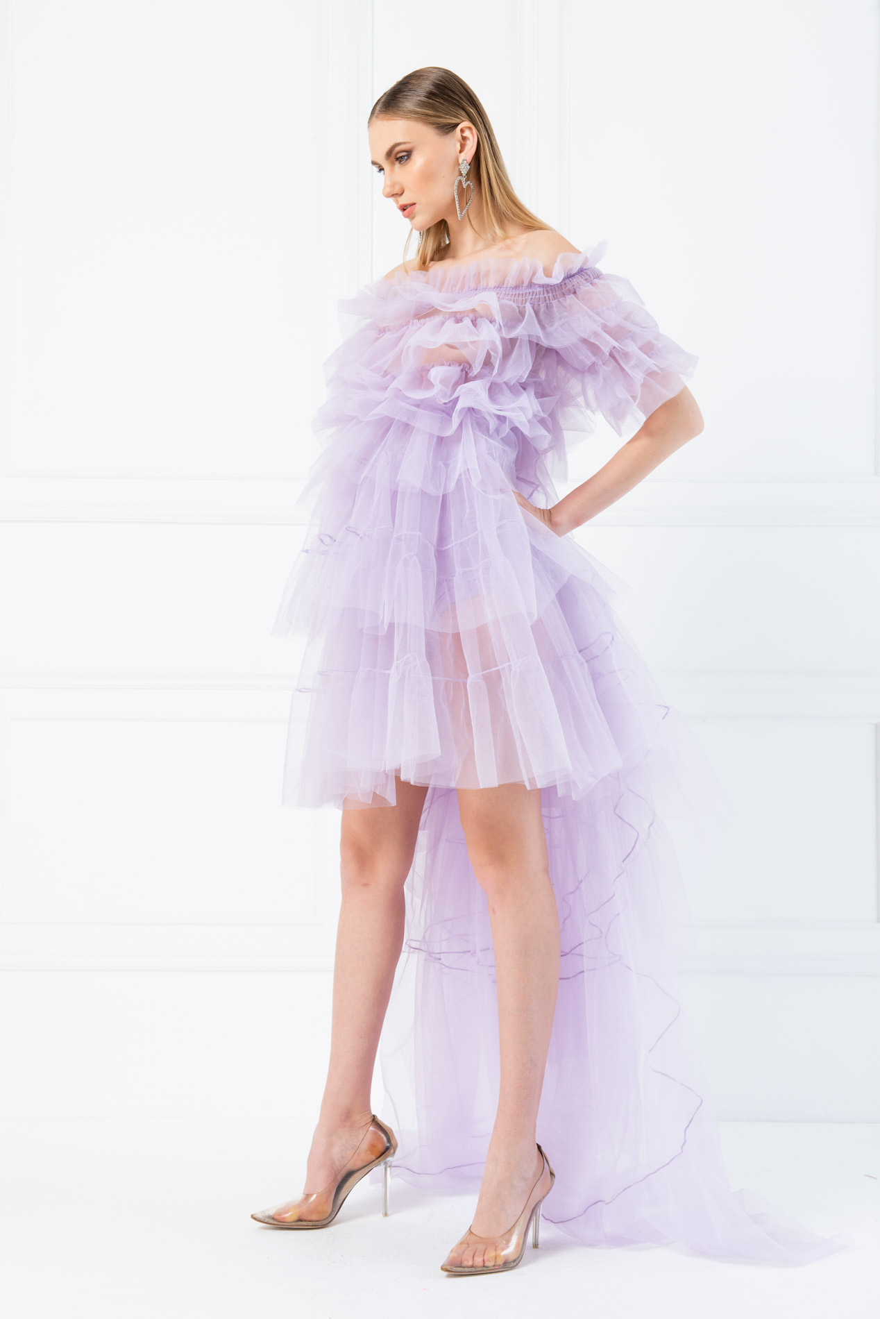 оптовая Из Тюля с открытыми плечами Lilac Мини-Платье с Рюшами