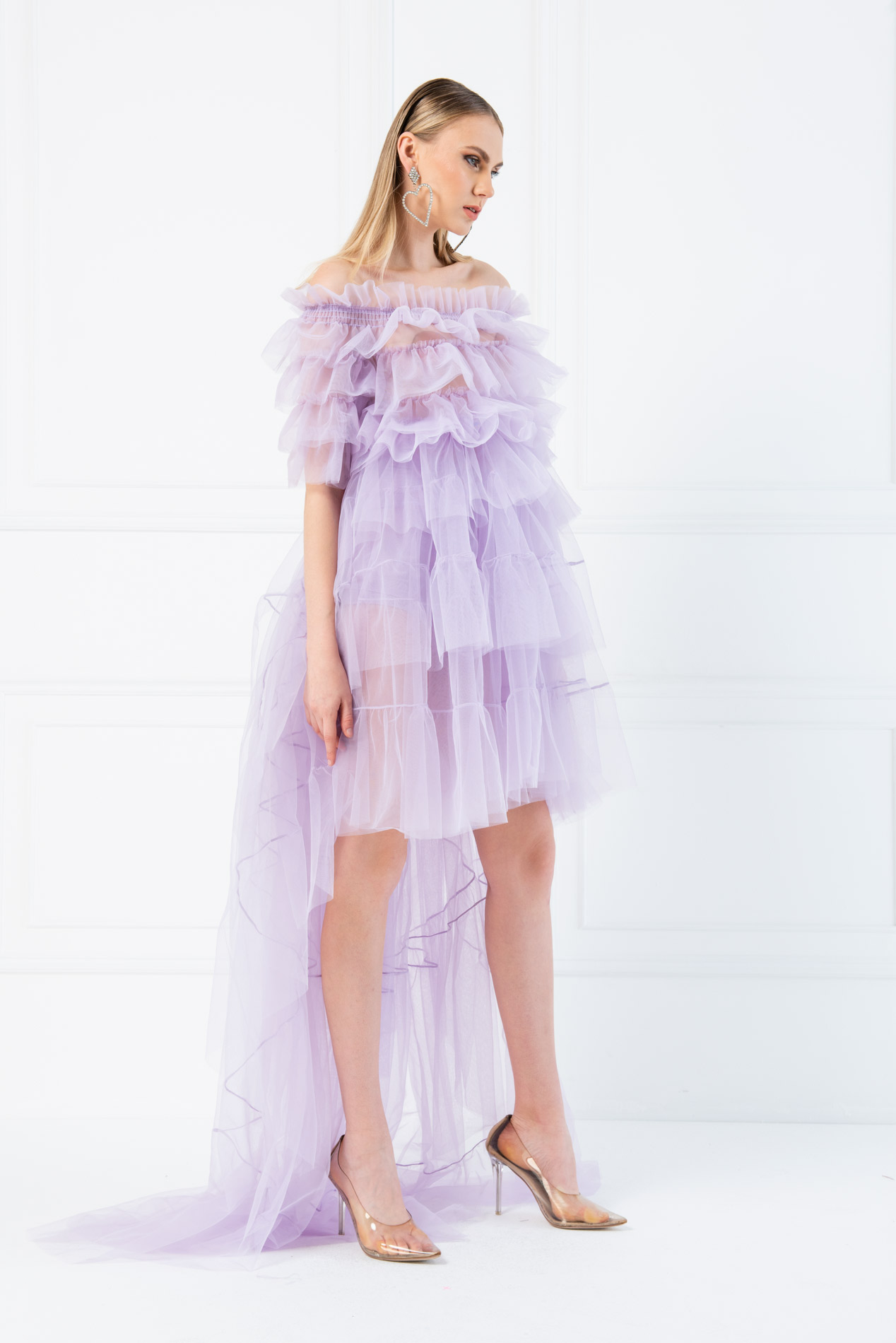 Tulle Off The Shoulder Lilac Ruffle Mini Dress