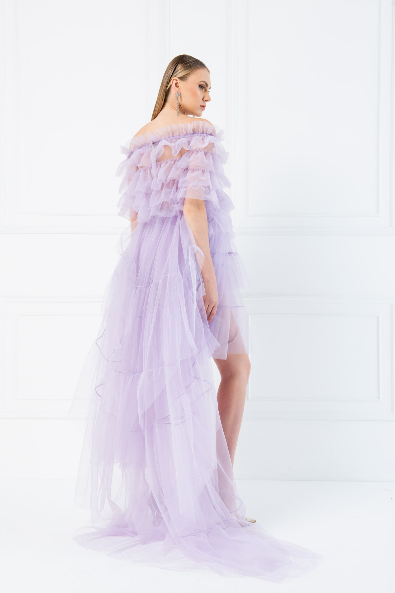 Из Тюля с открытыми плечами Lilac Мини-Платье с Рюшами