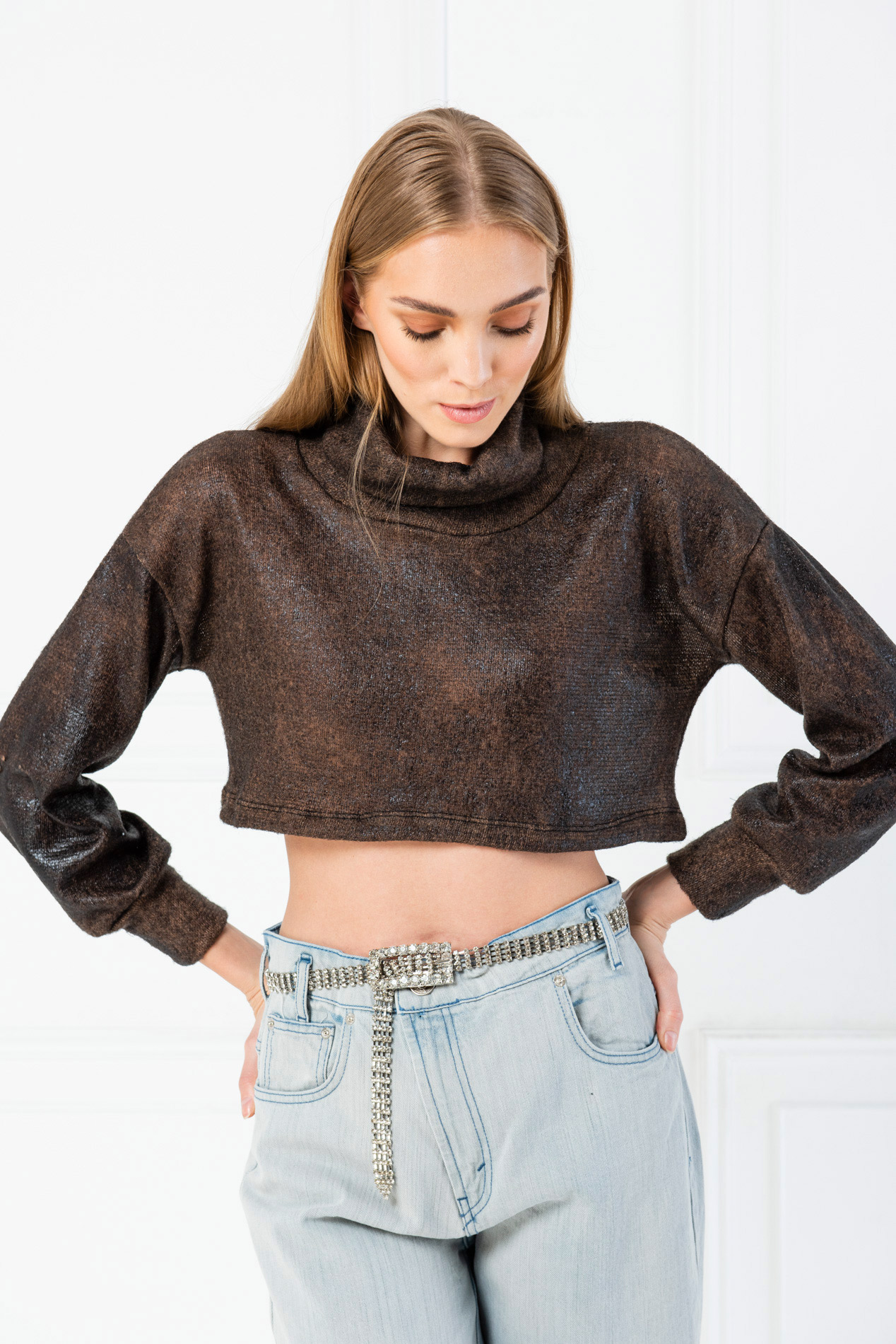 Turtleneck Black Long Sleeve Shinny Crop Top Blouse