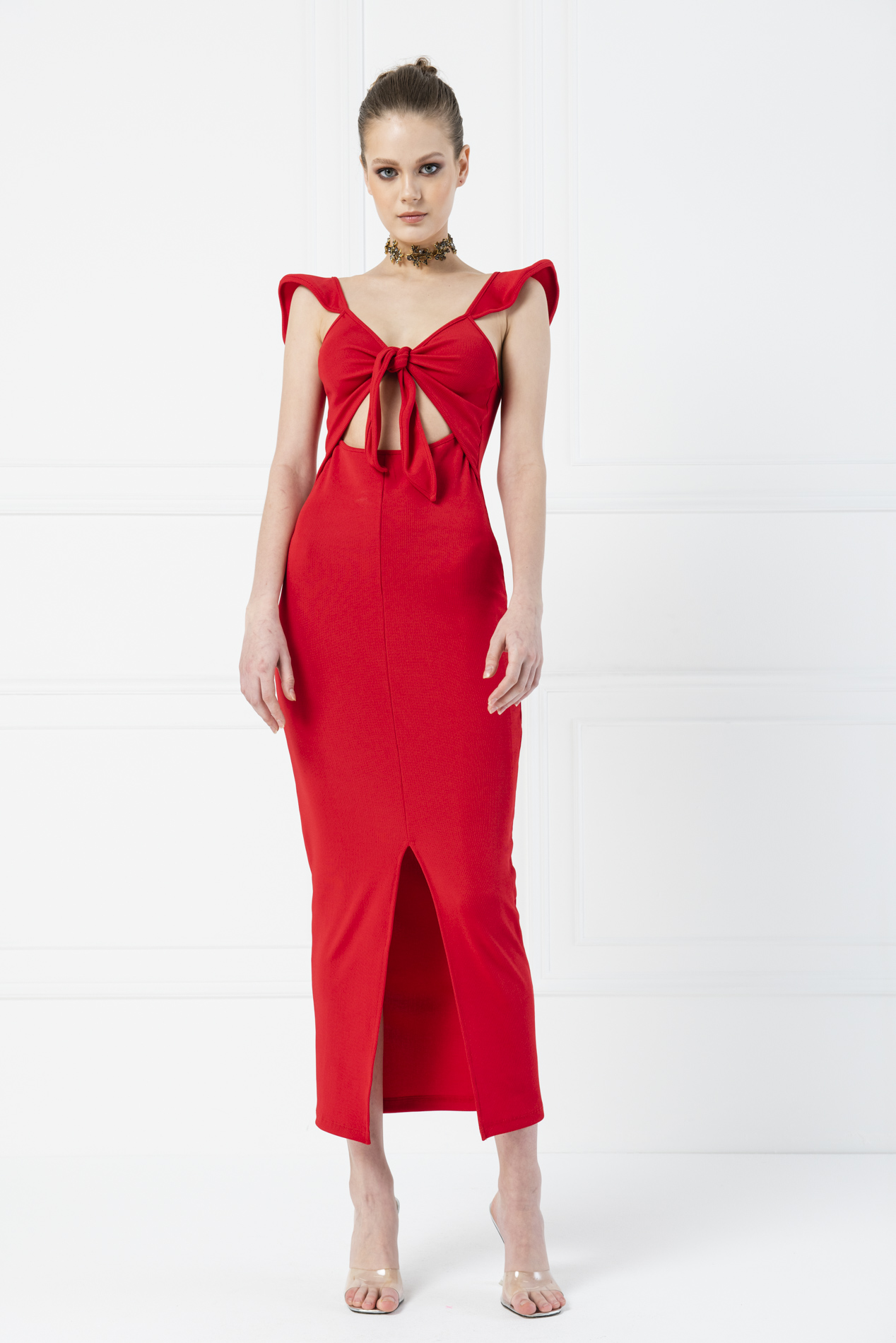 Red Tie-Front Maxi Dress