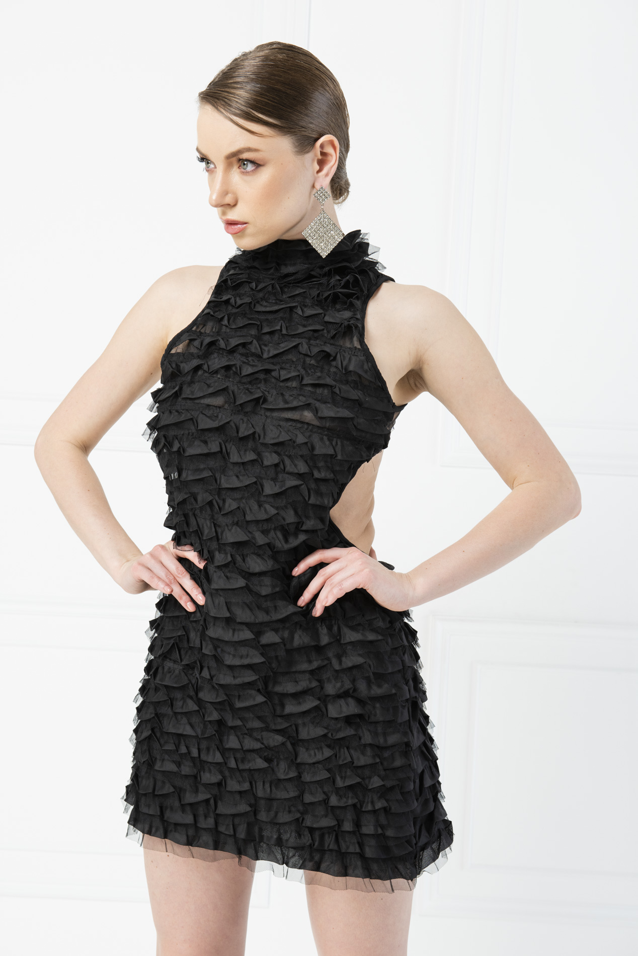 Black Backless Ruffle-Trim Mini Dress